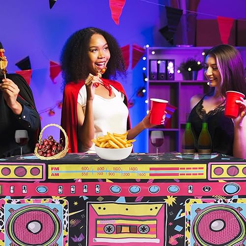 Miniatura 7 de Mantel temático de 6 pies, 72 x 30 x 30 pulgadas, mantel con temática de radio retro disco lavable, mantel rectangular de poliéster de los años 90,