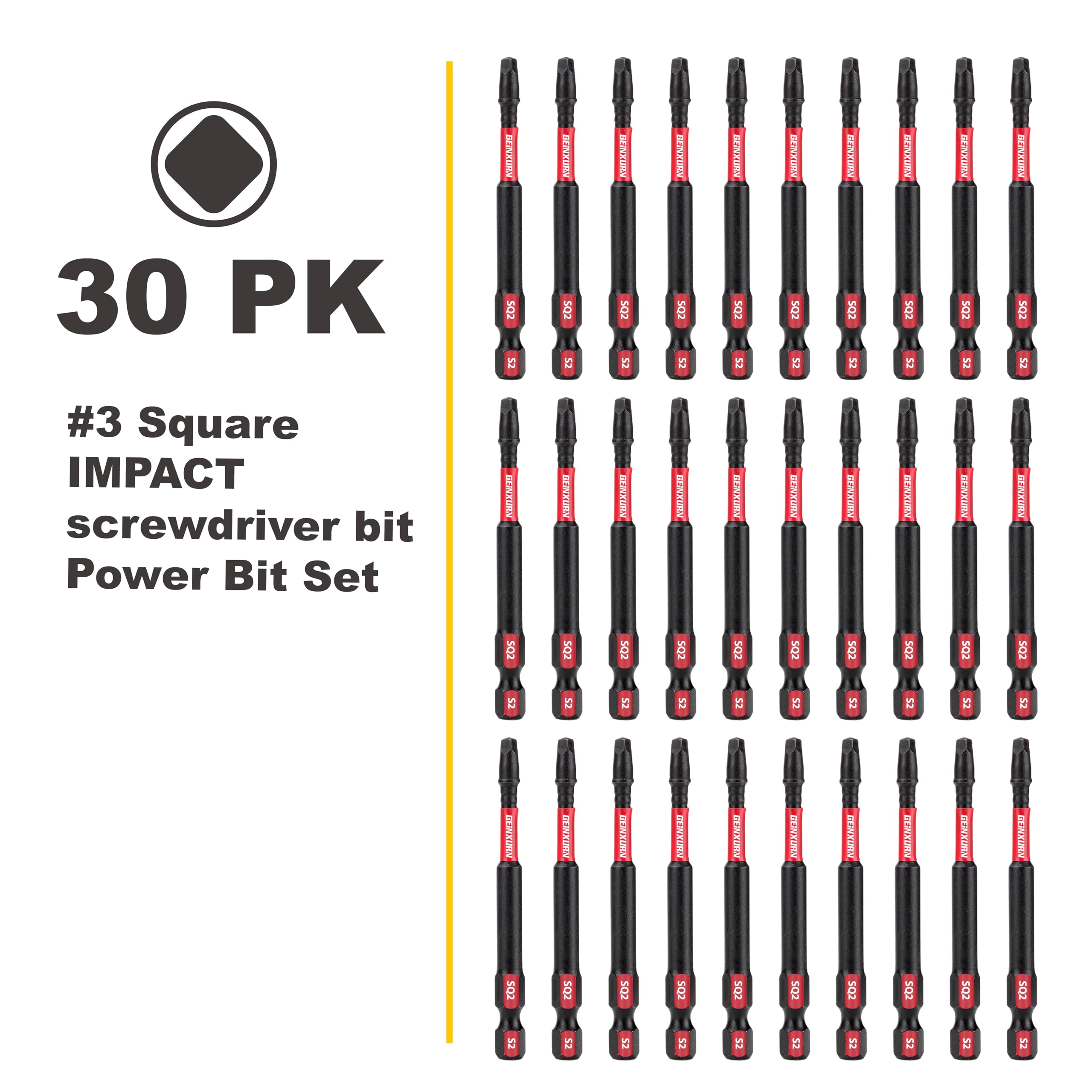 GEINXURN Impact Tough - Juego de 30 puntas de destornillador cuadradas #2 de 3 pulgadas, juego de 30 puntas de destornillador magnéticas SQ2 de 3 pulgadas de largo, a granel