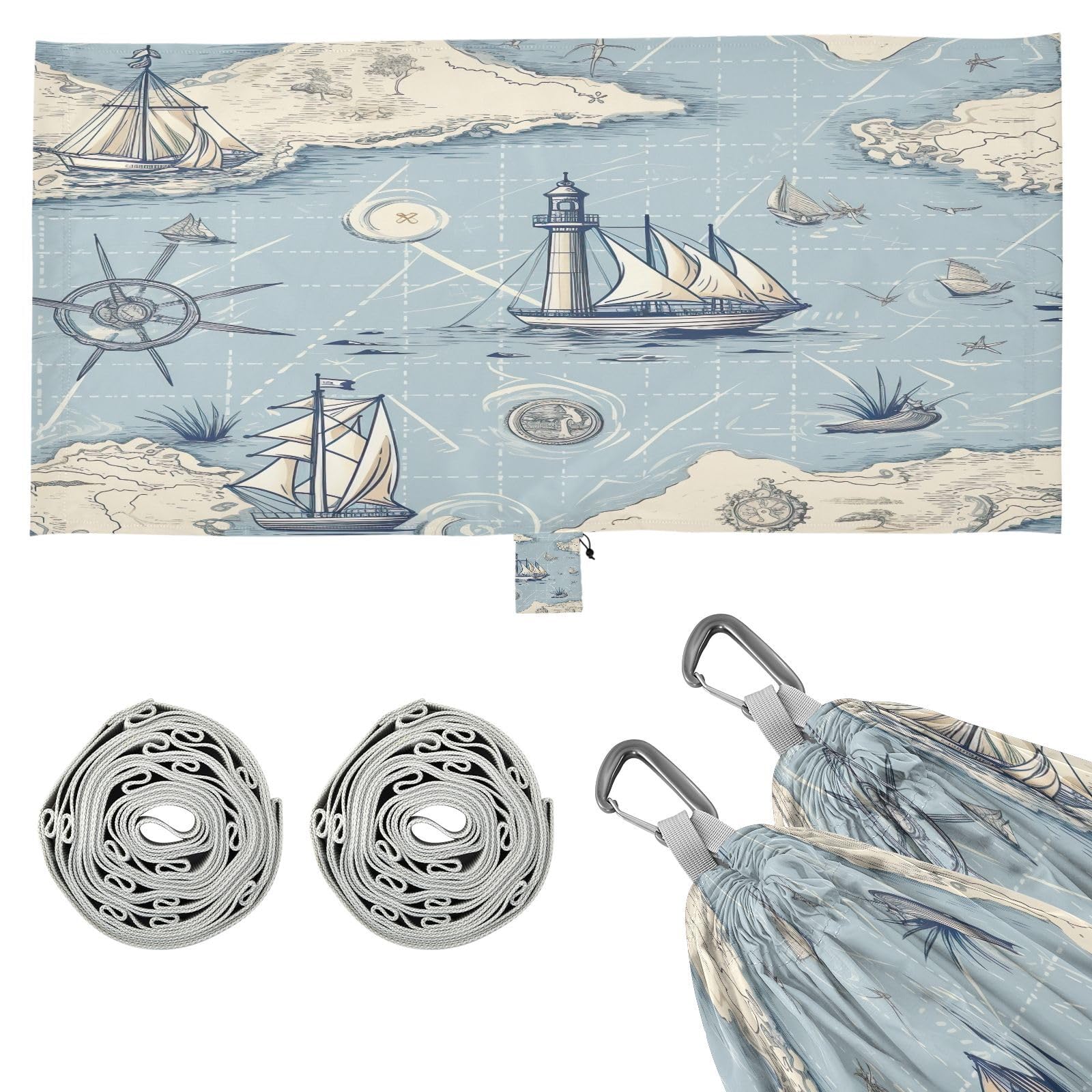 SDMKA Nautical Map Camping Hammock, 330 lbs with 2 Tree Straps, Carry Bag, Single Portable Hammock for Outdoor/Indoor, Hiking, Beach, Backpacking, Travel