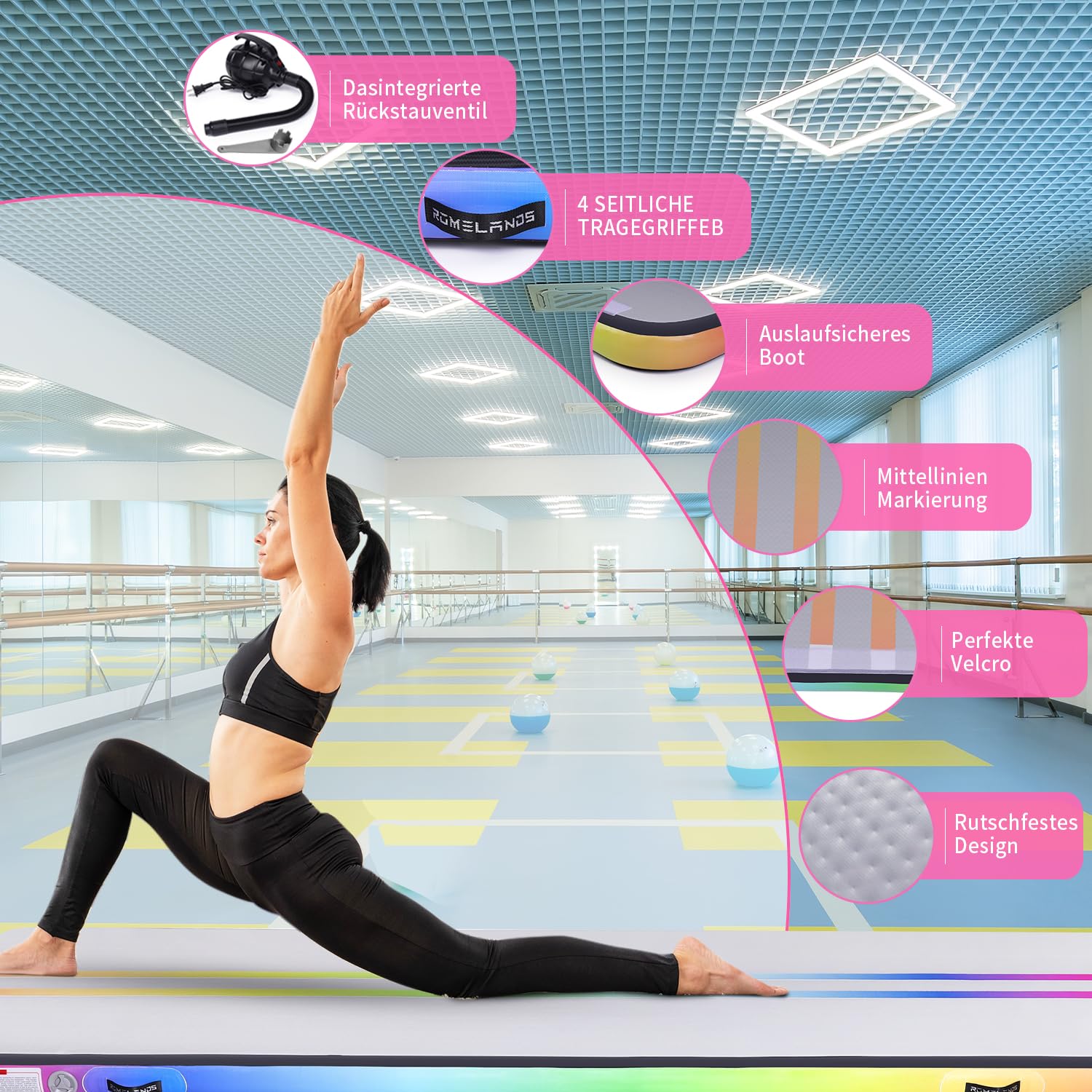 Tapis de Gymnastique Gonflable ROMELANDS, Tapis d'entraînement de 3M 4M 5M, Tapis de Tumbling Avec Pompe à Air électrique pour La Maison, Le Cheerleading