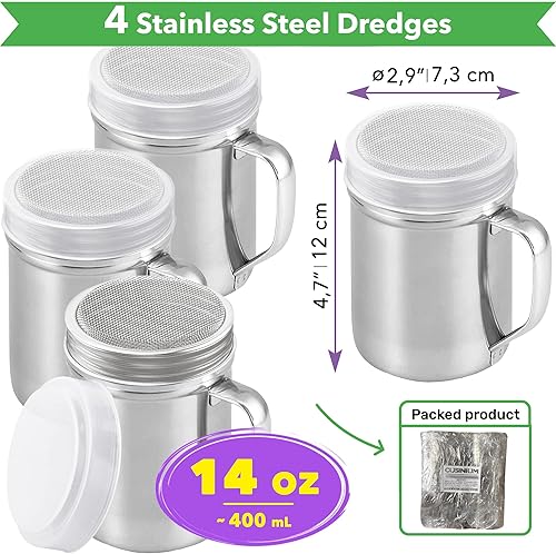 Miniatura 8 de CUSINIUM Shaker Shaker Shaker de azúcar en polvo negro de 14 onzas con asa, malla fina, con tapa de plástico, paquete de 2