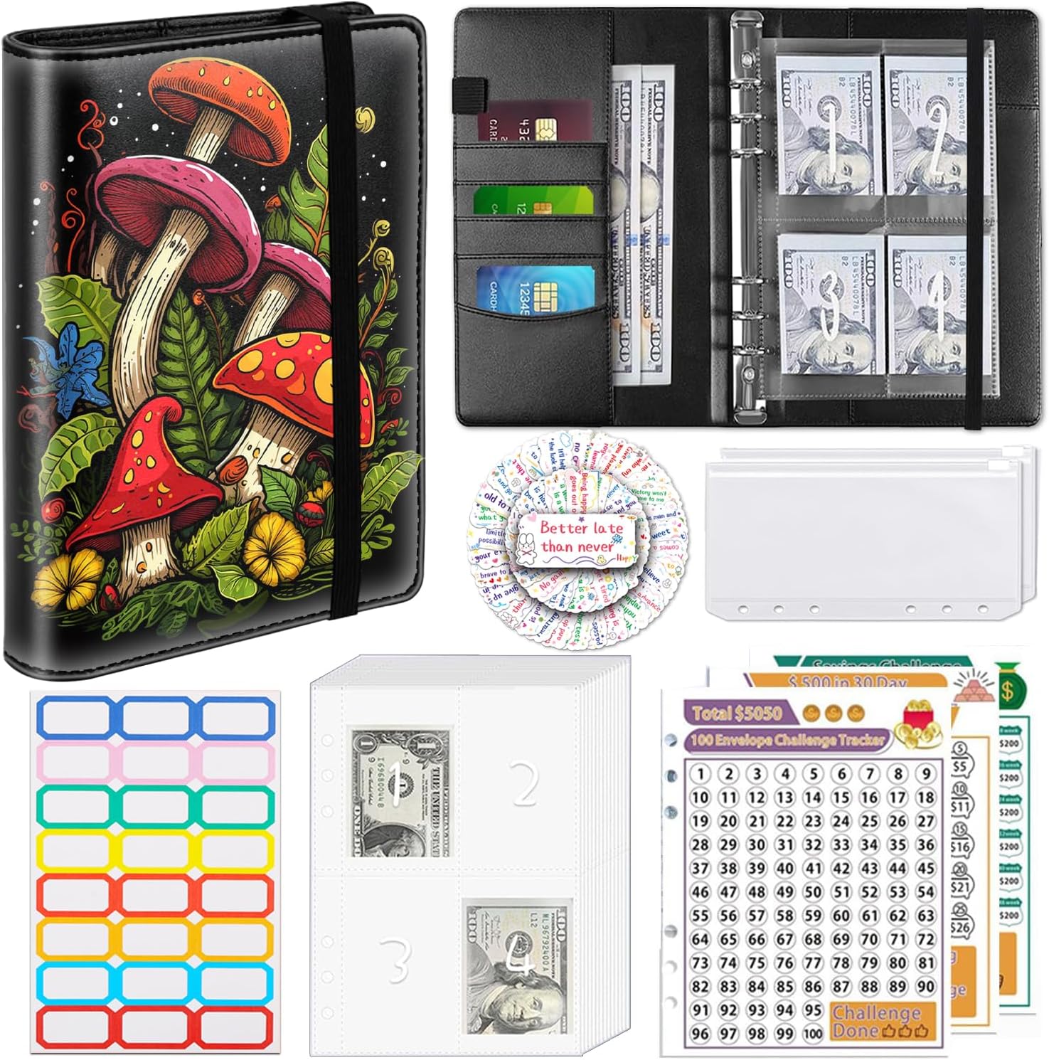 100 Envelopes Money Saving Challenge A5 Money Saving Binder with Cash Envelopes，Budget Binder Savings Challenge Book for 100 Day to Save $5,050 for Budgeting Planner，Cartoon Mushroom