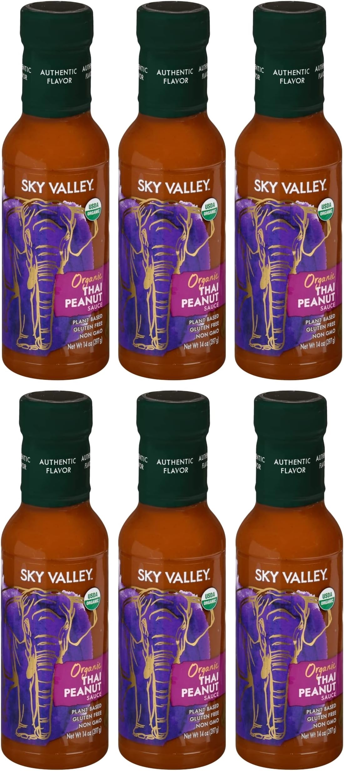 Sky Valley Thai Peanut Sauce - Gluten Free Peanut Sauce, Mild Heat, Authentic Flavor, Organic, Vegan, Non GMO, Gluten Free, Peanut Sauce for Spring Rolls- 14 Oz, 6-Pack