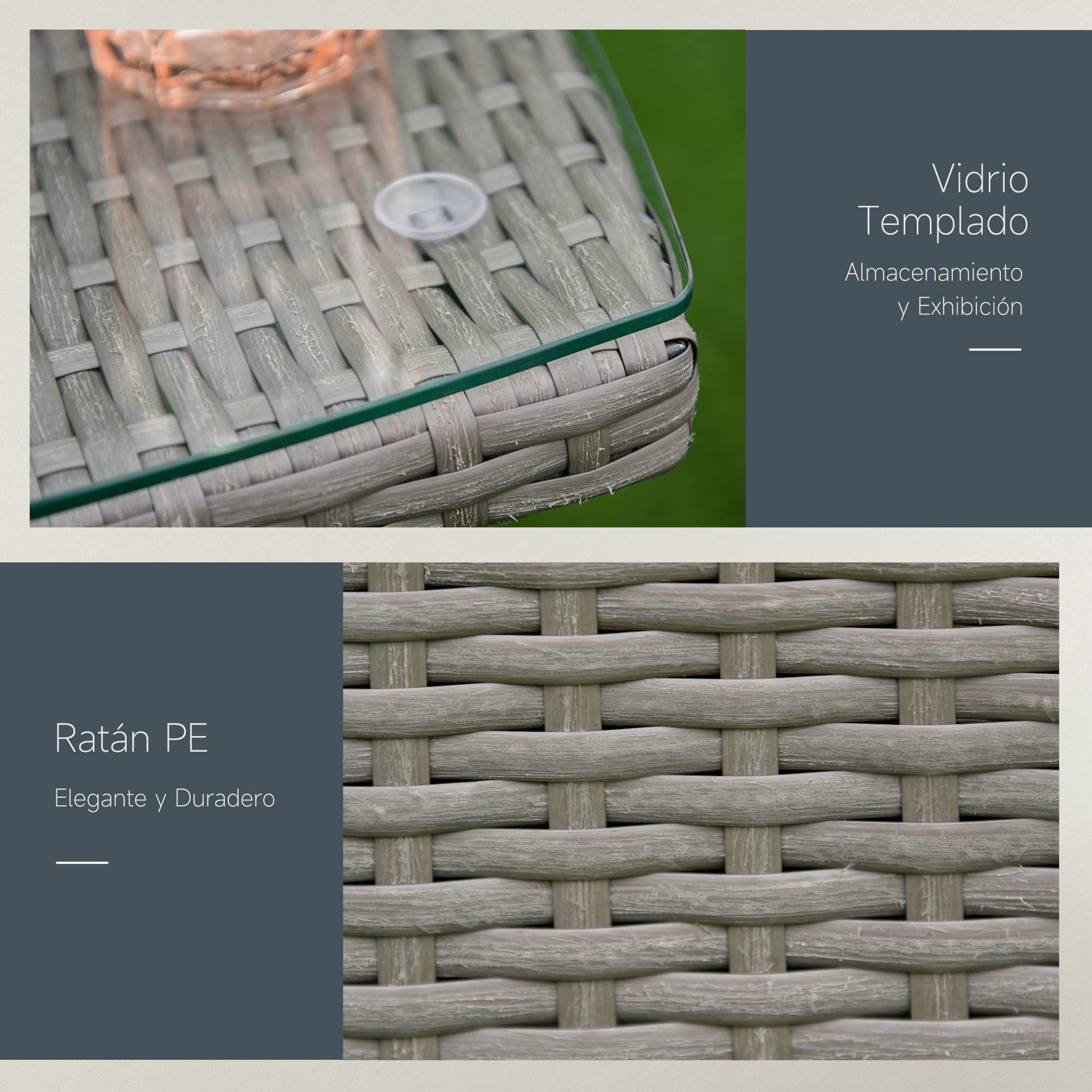 Outsunny Conjunto de Muebles para Jardín Juegos de Muebles de Ratán Incluye 1 Mesa y 2 Sillones con Cojines Estructura de Metal para Terraza Patio Gris