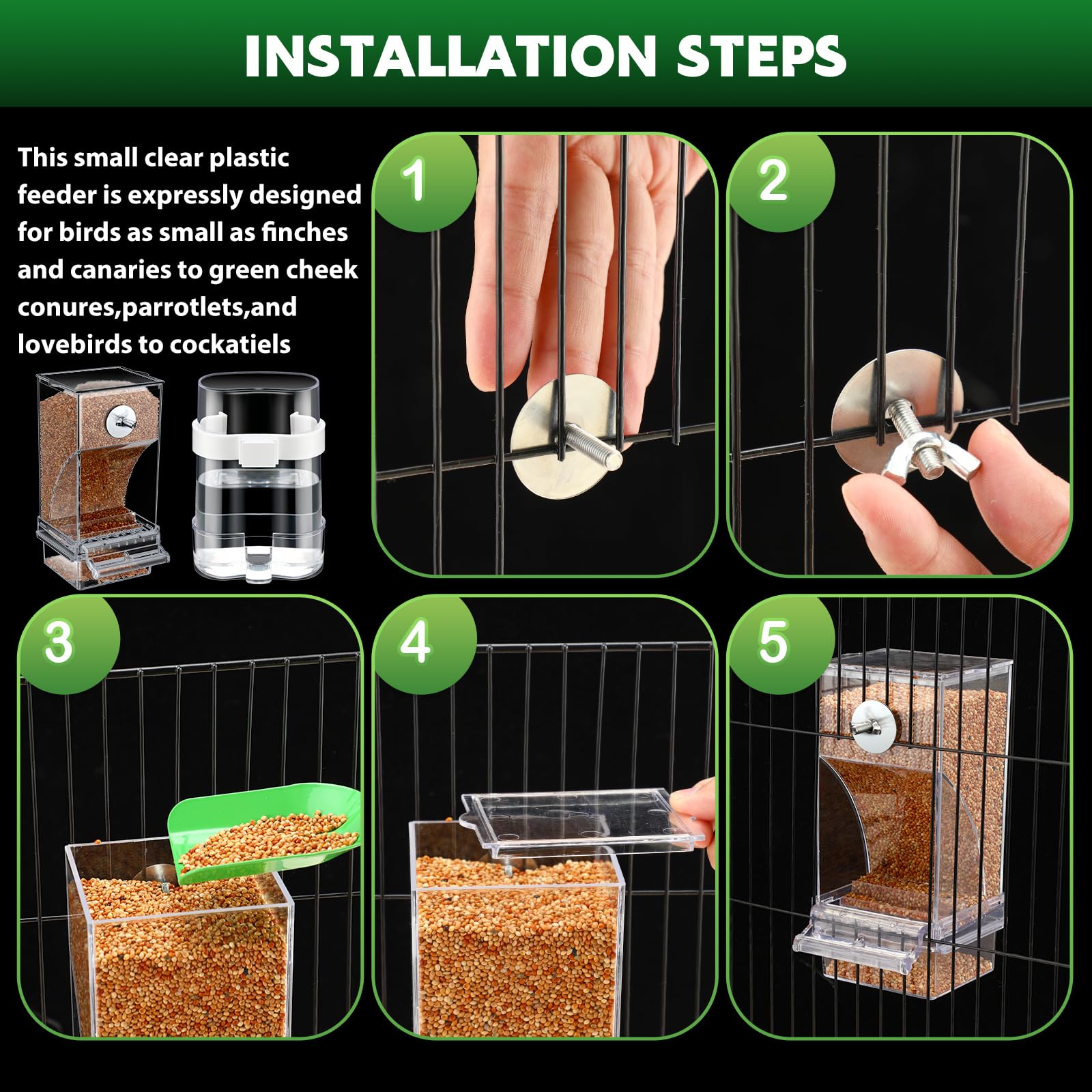 Yaomiao 8 Pcs No Mess Small Bird Feeders with 4 Pcs Cage Perch Automatic Drinker Parakeet Seed Dispenser Quail Feeder and Watered Cage Accessories for Small Birds Parrot Cockatoo Canary(Clear) - image 7