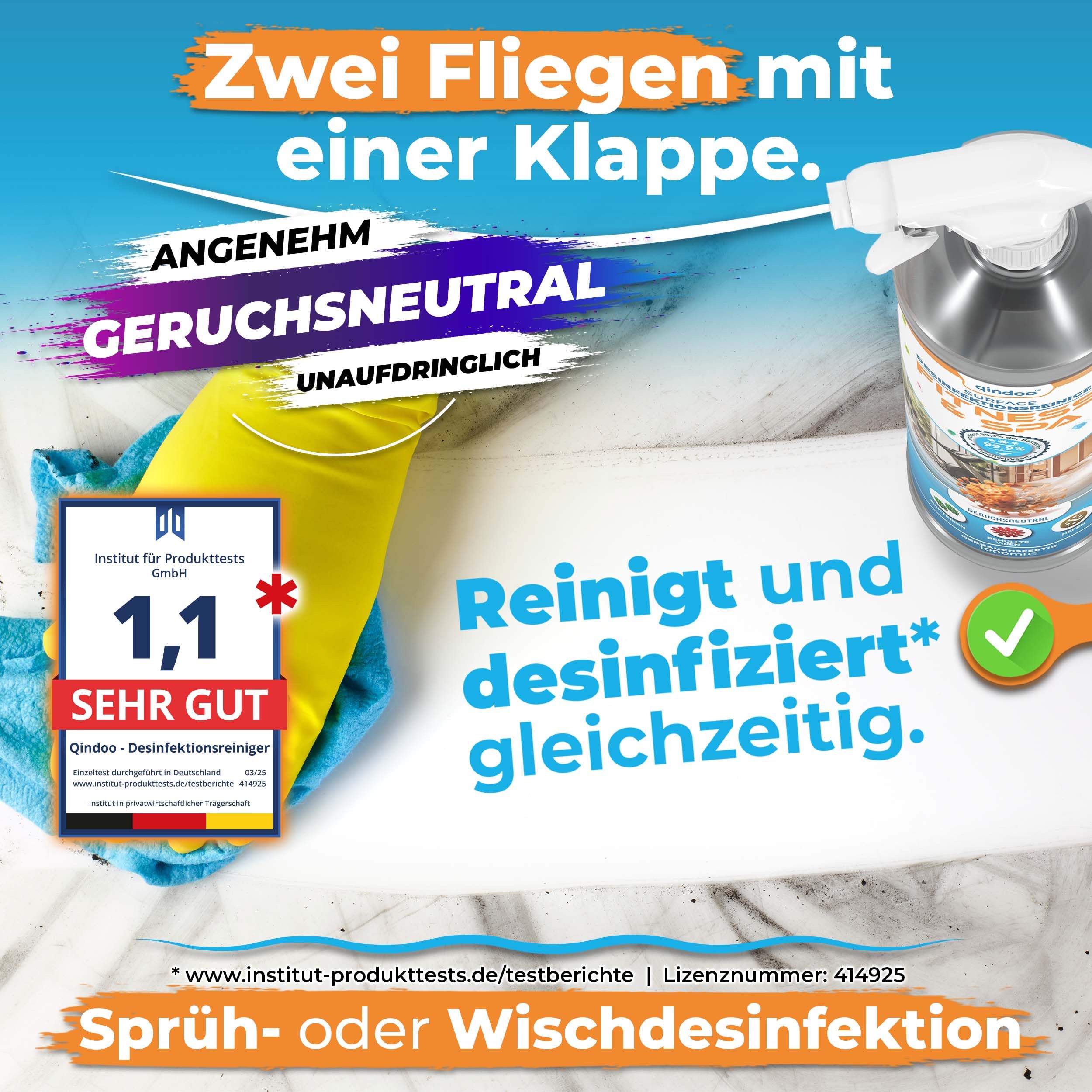 5L Desinfektions-Reiniger Fitness SPA, Desinfektionsmittel - Reiniger für Fitnessstudio, Sport-Studio, Reha, Sauna, Home-Gym, Reinigung Desinfizierung in einem Arbeitsgang, 5L mit Hahn