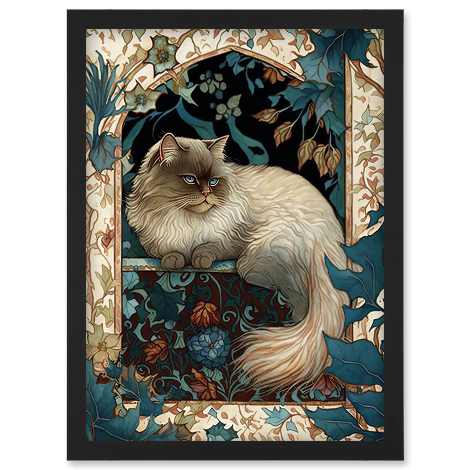 Artery8 Perched Himalayan Persian Cat Modern Art Nouveau Illustration Artwork Framed Wall Art Print A4