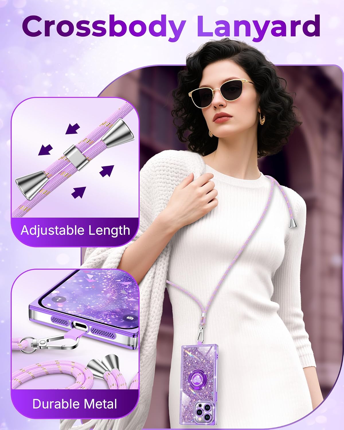 XYZ for iPhone 15 Pro Max Case, Glitter Bling Phone Cover with 2-Ring Heart Stand & Lanyard, Women Girls Luxury Rhinestone Shockproof Protective Case for iPhone 15 Pro Max, Purple - Image 3