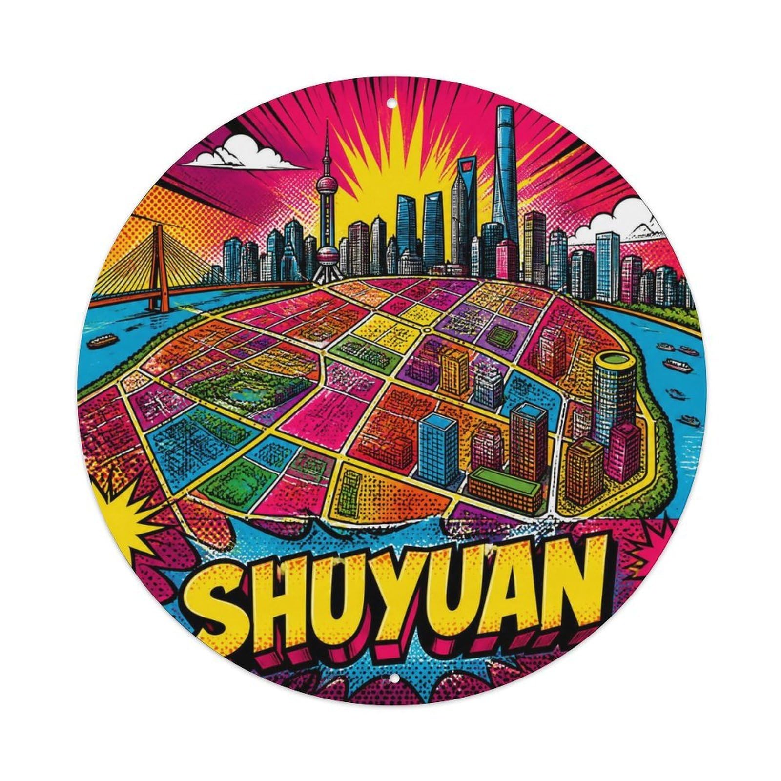 Okngb Style Shuyuan District Shanghai Street Grid Landmark Route Metal Tin Sign Plaque Wall Decor For Cafe, Man Cave, Club Bar, Office, Home Garden Round Metal Poster 8X8inch