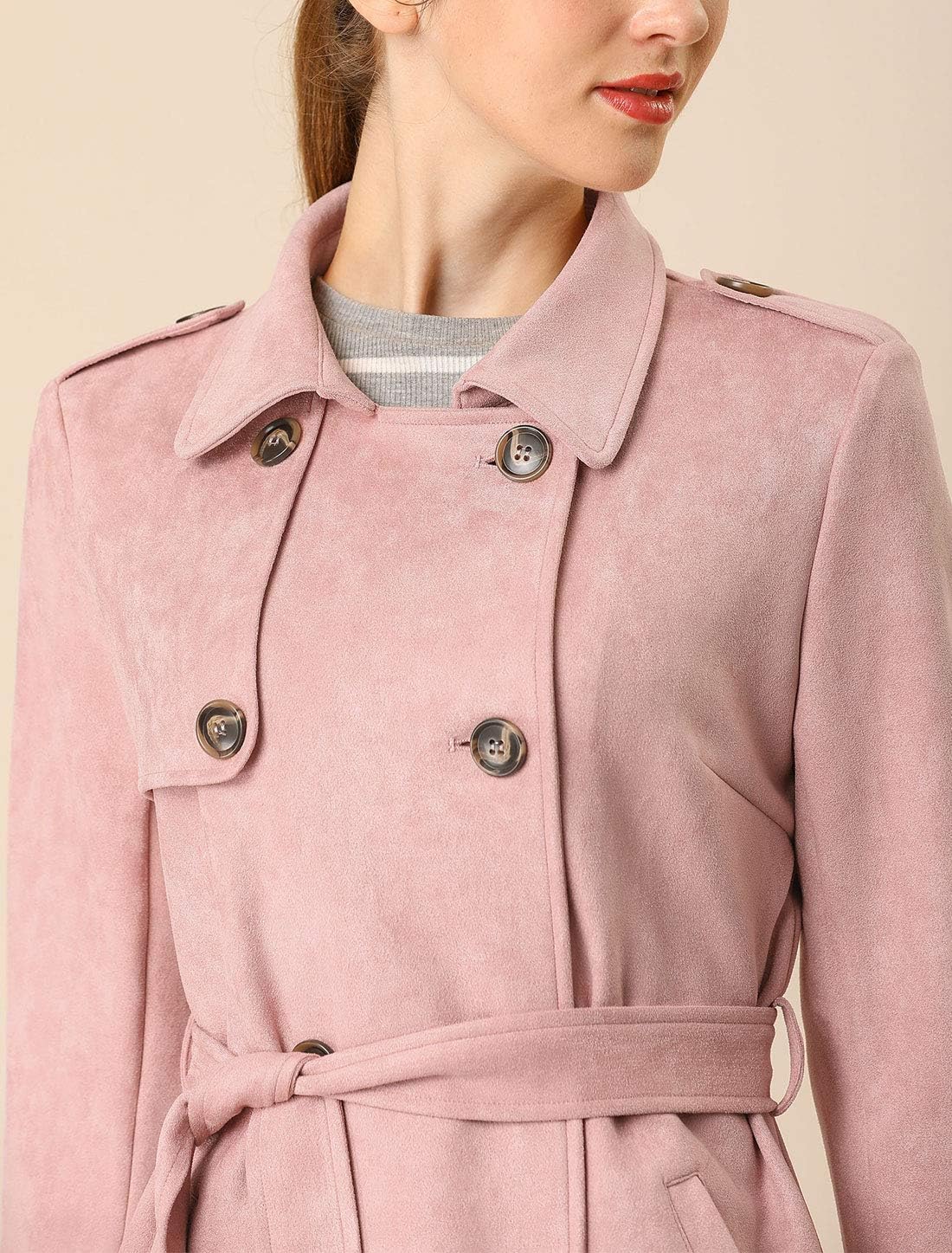 Allegra K Women's Faux Suede Trench Coat Notched Lapel Double Breasted Jacket with Belt