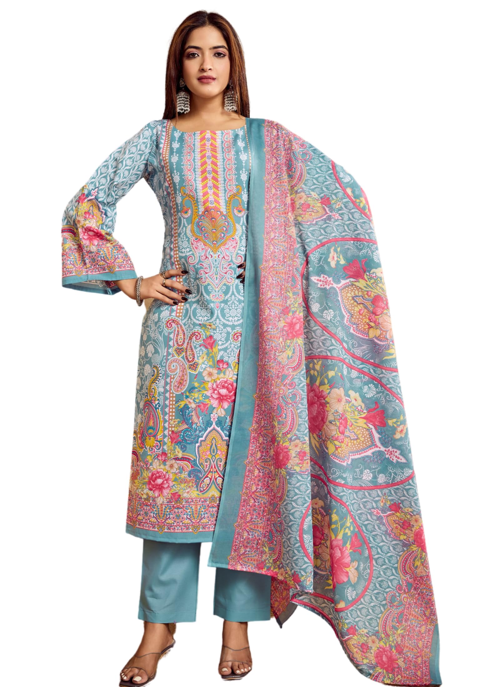Women's Unstitched Cotton Suit Set with Printed Mal Dupatta | 2.5M Superfine Top + 2.25M Dyed Bottom + 2.10M Printed Dupatta (Noor Jahan 1501)