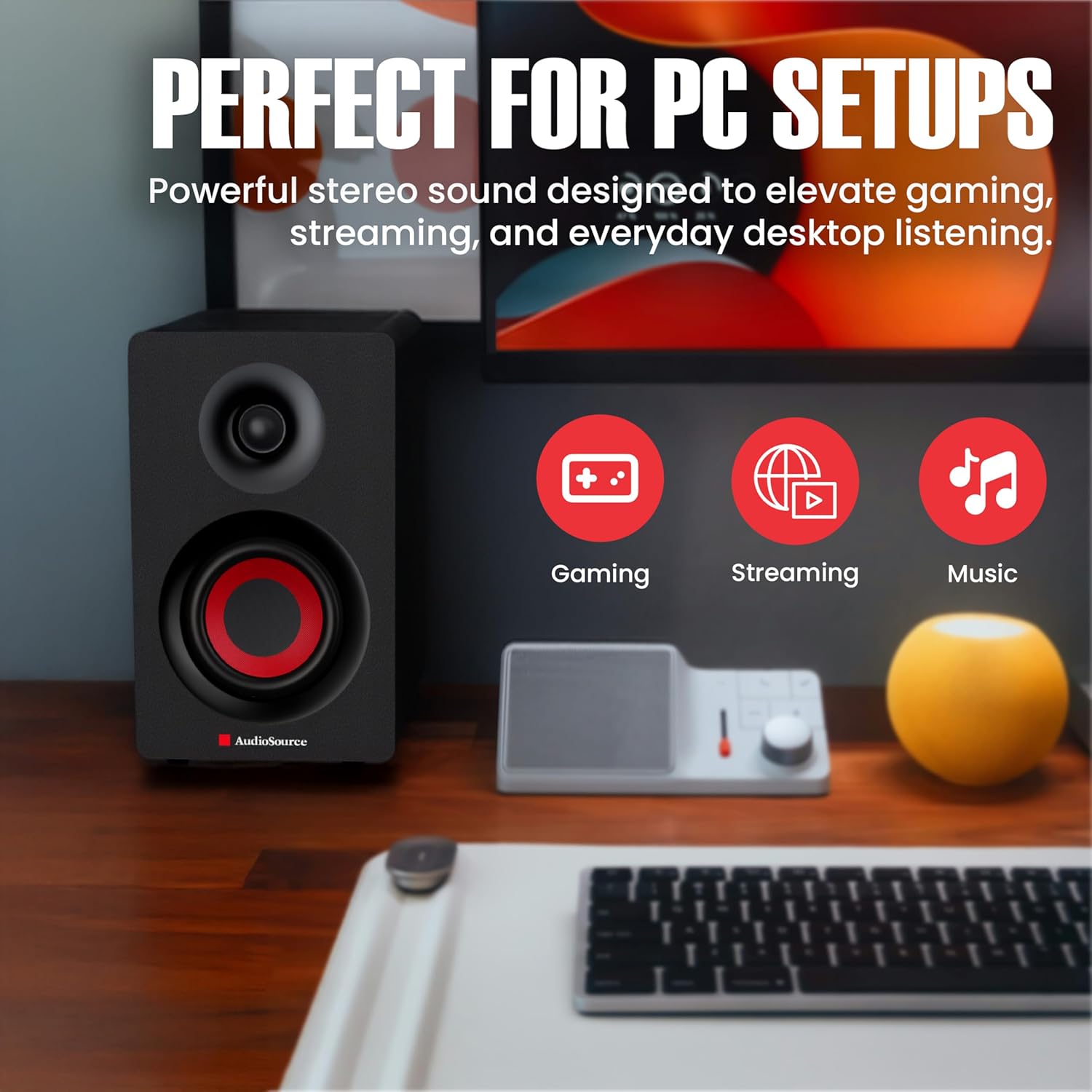 Audiosource Bluetooth 2-Way Bookshelf Speakers, 30W RMS Powered Desktop Speakers/Woofer, Rear Bass Port, AUX & USB MP3 Playback, Multipoint Pairing, Wood Cabinet – Hi-Fi PC Gaming & Music System