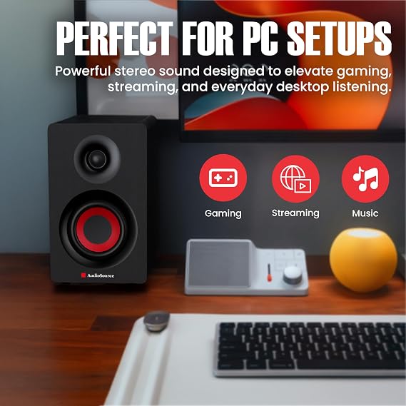 Audiosource Bluetooth 2-Way Bookshelf Speakers, 30W RMS Powered Desktop Speakers/Woofer, Rear Bass Port, AUX & USB MP3 Playback, Multipoint Pairing, Wood Cabinet Hi-Fi PC Gaming & Music System
