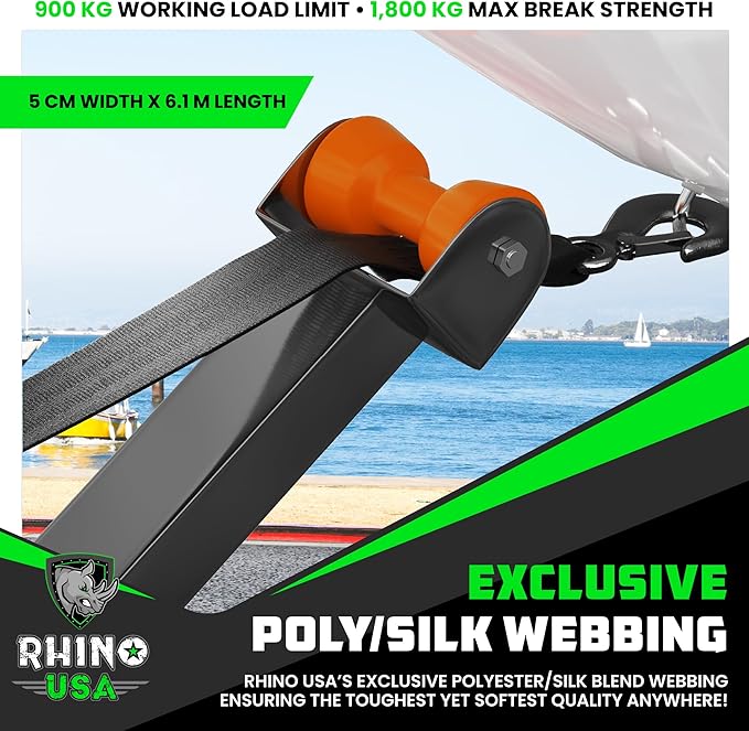 Rhino USA Boat Winch Strap with Hook (5cm x 6.1m) - 1800 kg Break Strength - Ultimate Replacement Boat Trailer Winch Straps with Safety Hook - Compatible With Pontoon, Jet Ski, Fishing Boat & More!