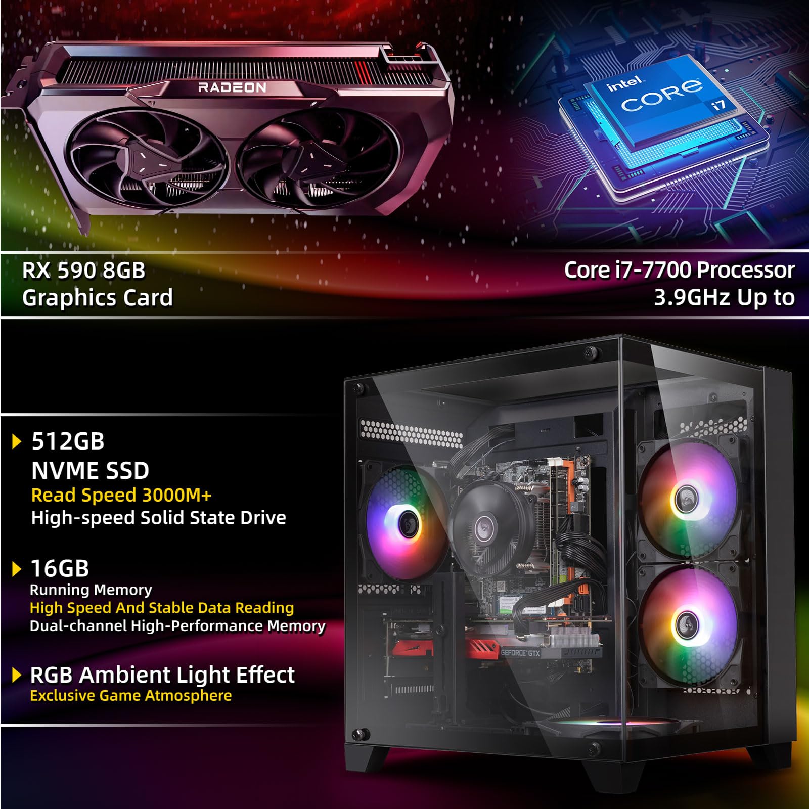 ZER-LON Gaming PC Desktop Computer, Core I7 up to 3.9GHz, Radeon RX 590 8GB GDDR5, 16G DDR3 RAM, 512GB SSD, WiFi 5.0, Prebuilt Gaming PC Tower Computer with 5 RGB Fan — view 2