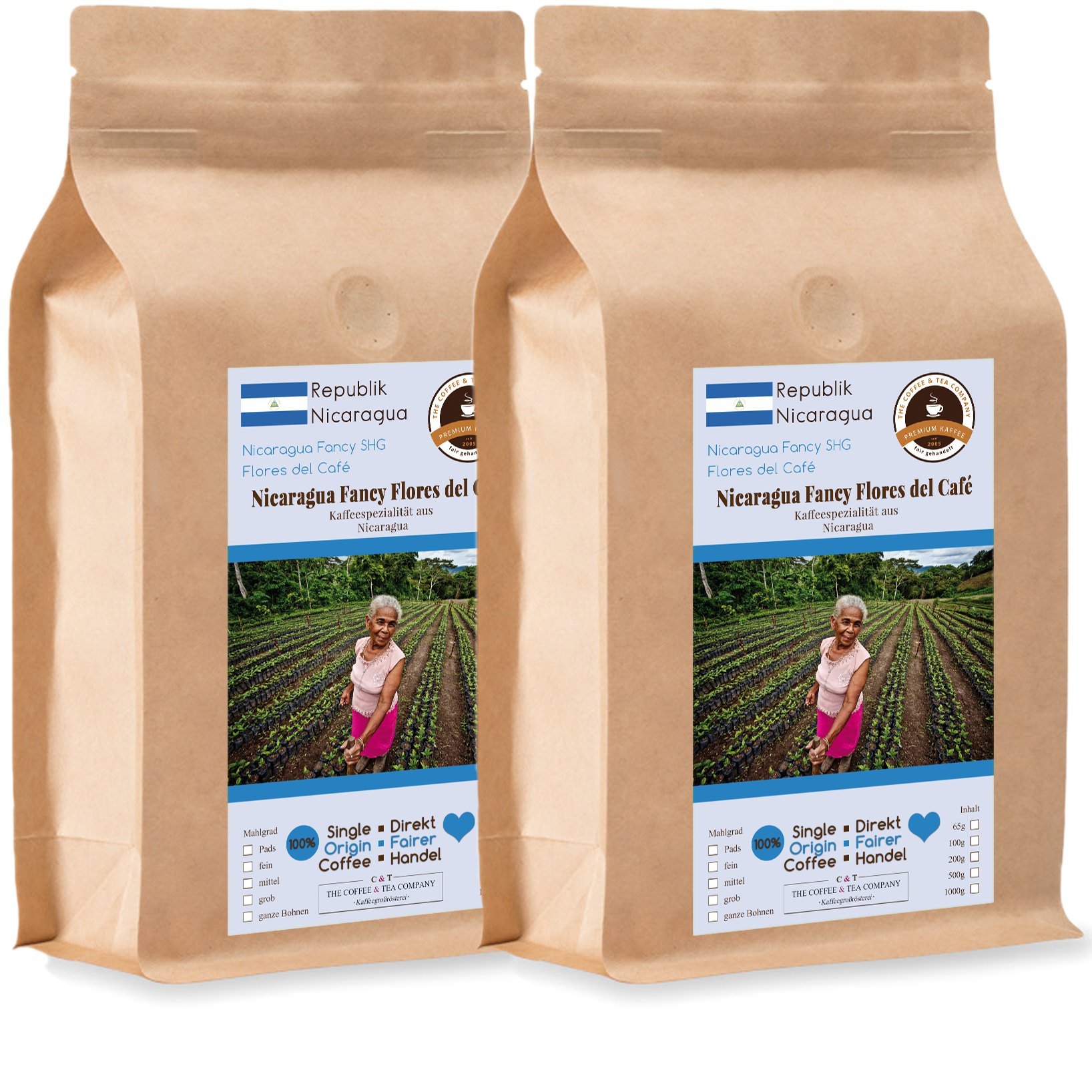 Kaffee Globetrotter - Kaffee Mit Herz - Nicaragua Fancy Flores del Café - 2 x 1000 g Ganze Bohne - für Kaffee-Vollautomat, Kaffeemühle - Röstkaffee Fair Gehandelt | Nachfüllpack Sparpack