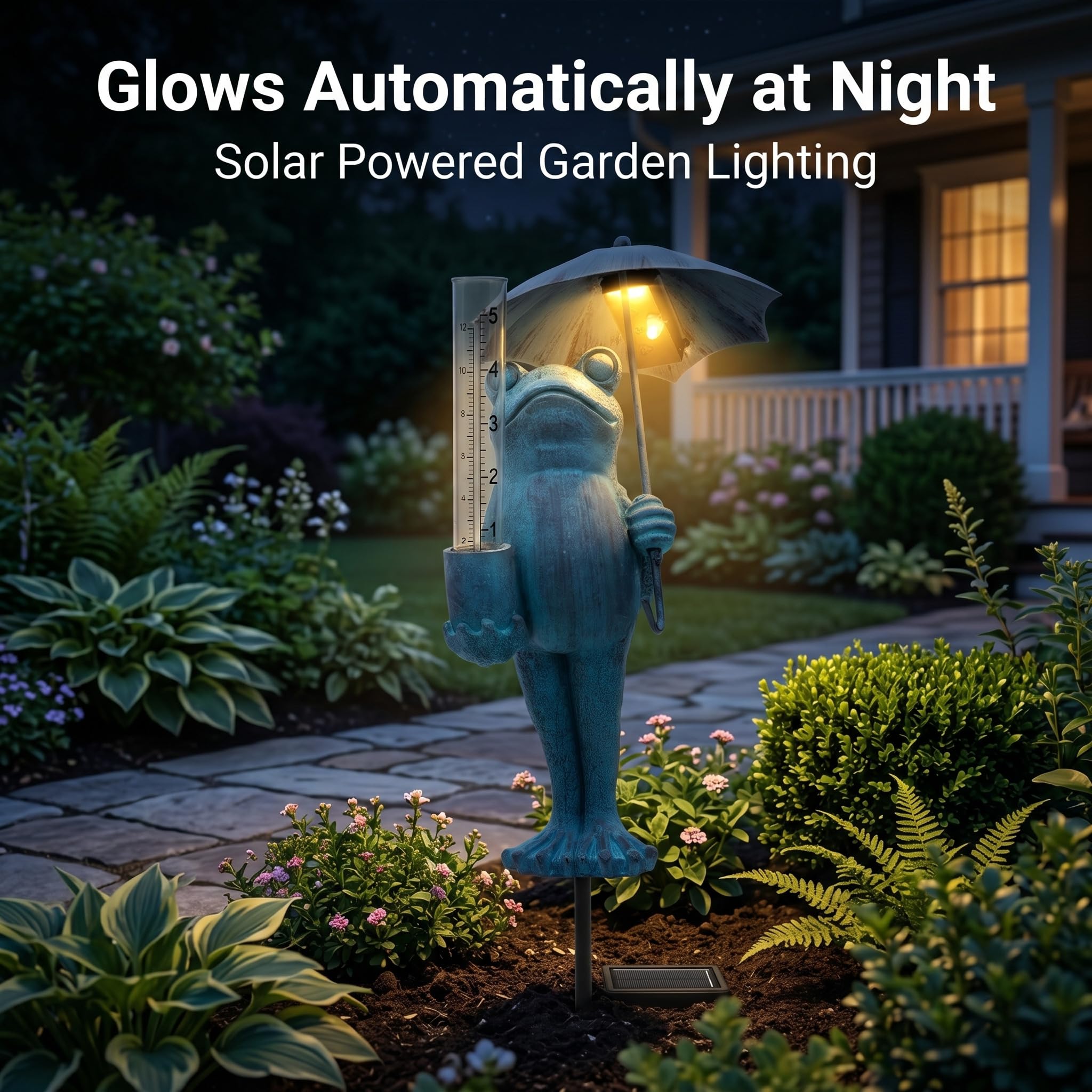 Topadorn Pluviometro a forma di rana in resina, con luci a LED solari per esterni, altezza 54 cm, decorazione da giardino blu, capacità di pioggia di 12,7 cm, facile da leggere
