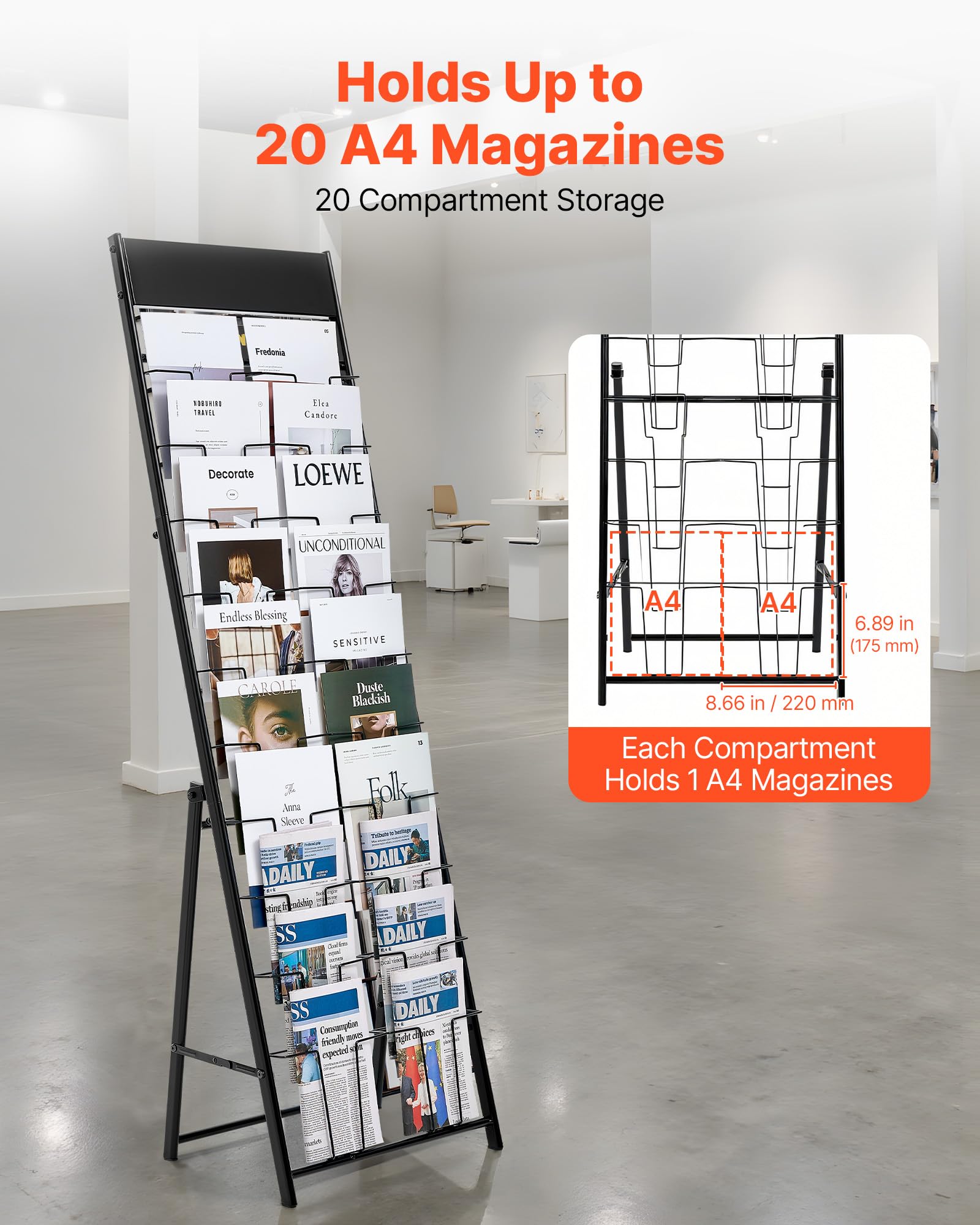 VEVOR Expositor de Revistas 20 Compartimentos, Soporte para Folletos, Revistero Metálico de Pie para Periódicos, Literatura, para Tiendas, Exposiciones, Oficinas, Bibliotecas, 49 x 33,3 x 154,5 cm