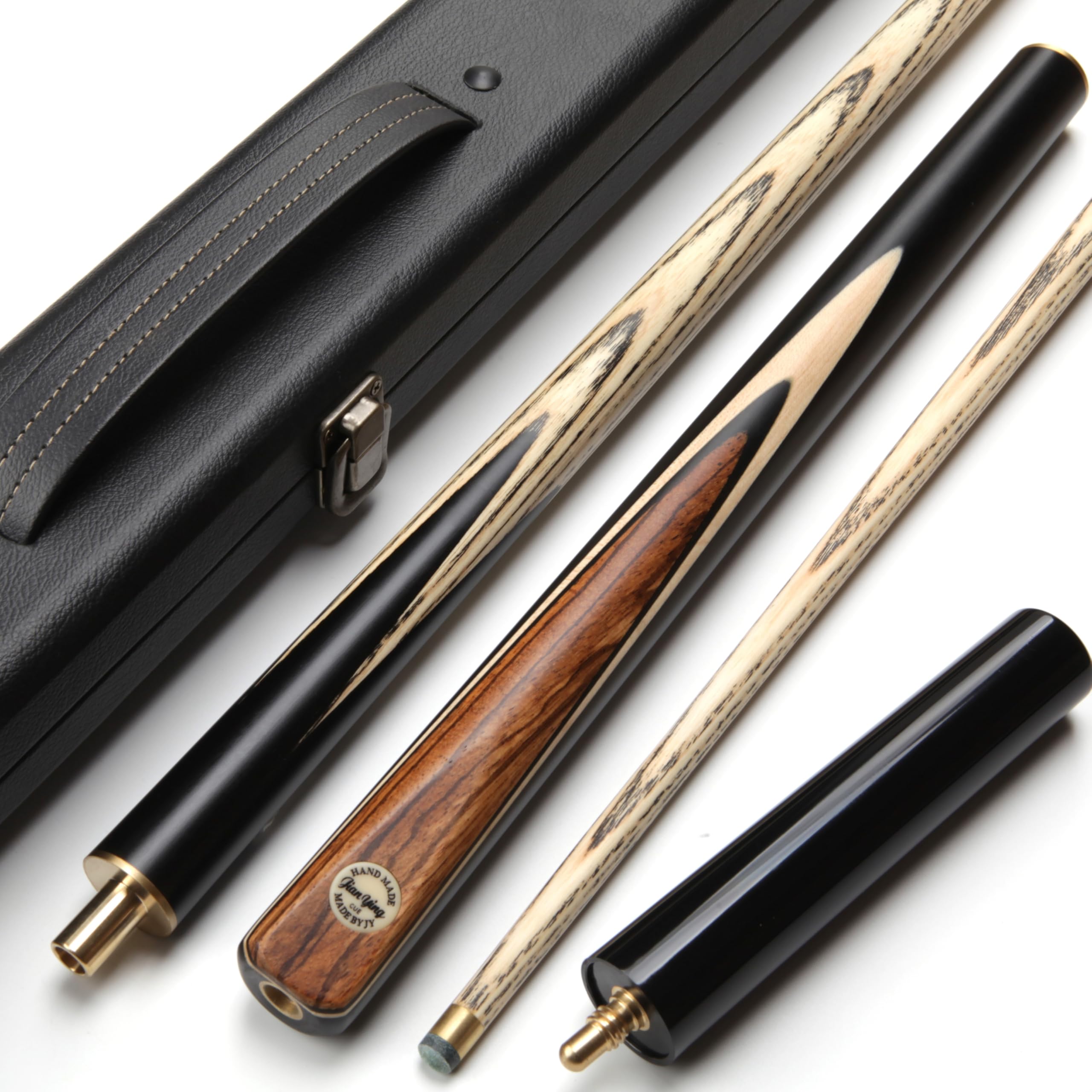 JIAN YING CUE S1 Snooker Cues Set, 9.5mm Tip, Pool Cue, handcrafted, 57 inches 18.5oz, 3/4 Jointed Snooker, with zebrawood inlays. Includes protective hard case, extender, cue towel, chalk, and tip
