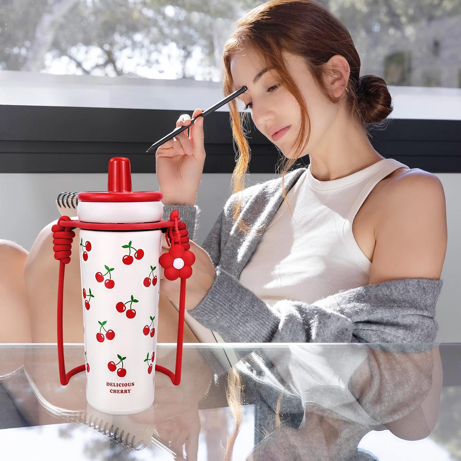 21 OZ Red Cherry Tumbler Insulated Vacuum Stainless Steel Water Bottle Tumbler with Lid Spill Proof Cup for Hot and Cold Drink Leak Proof Travel Mug with Straw Christmas Gifts For Women Mother - Image 8