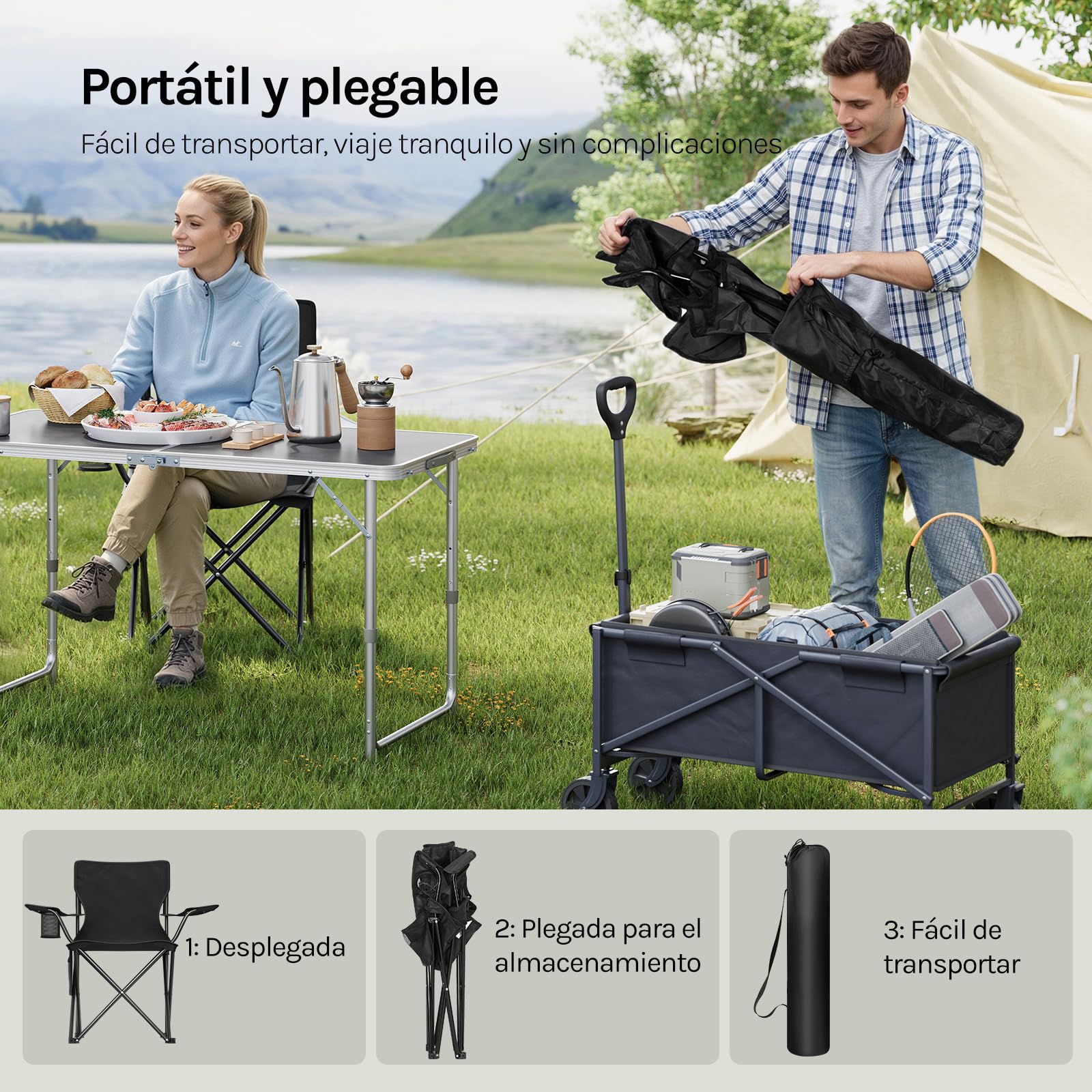 WOLTU 2X Sillas Camping Plegables con Respaldo, Sillas Pesca con Bolsillo Lateral y Portavasos, Tela Oxford, para Playa, Picnic y Terraza, Capacidad de Carga 120 kg,Negro