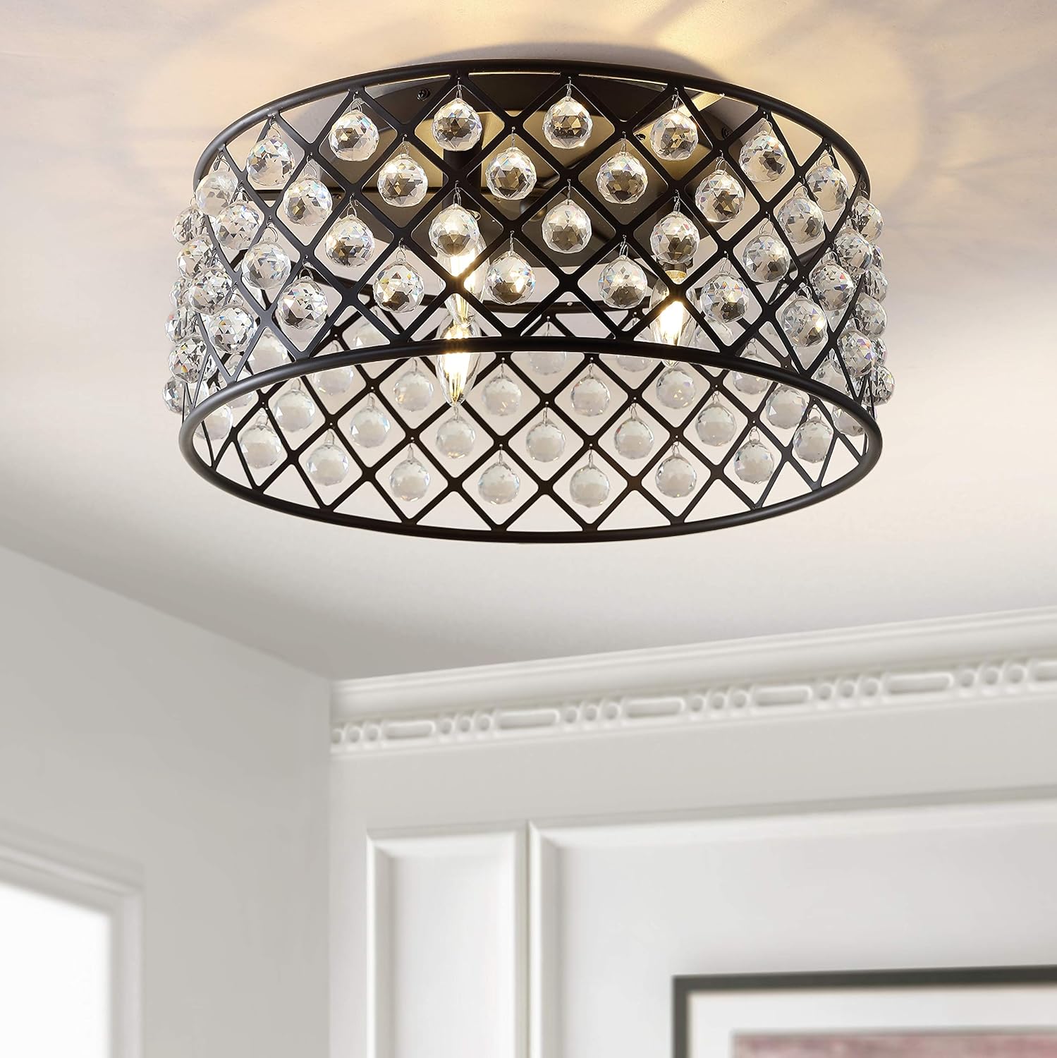 JONATHAN Y 19" Oil Rubbed Bronze 3-Light Iron and Crystal Flush Mount Ceiling Light, Modern Contemporary Drum Fixture for Living Room Bedroom, UL Listed, LED Bulbs Included JYL9024A