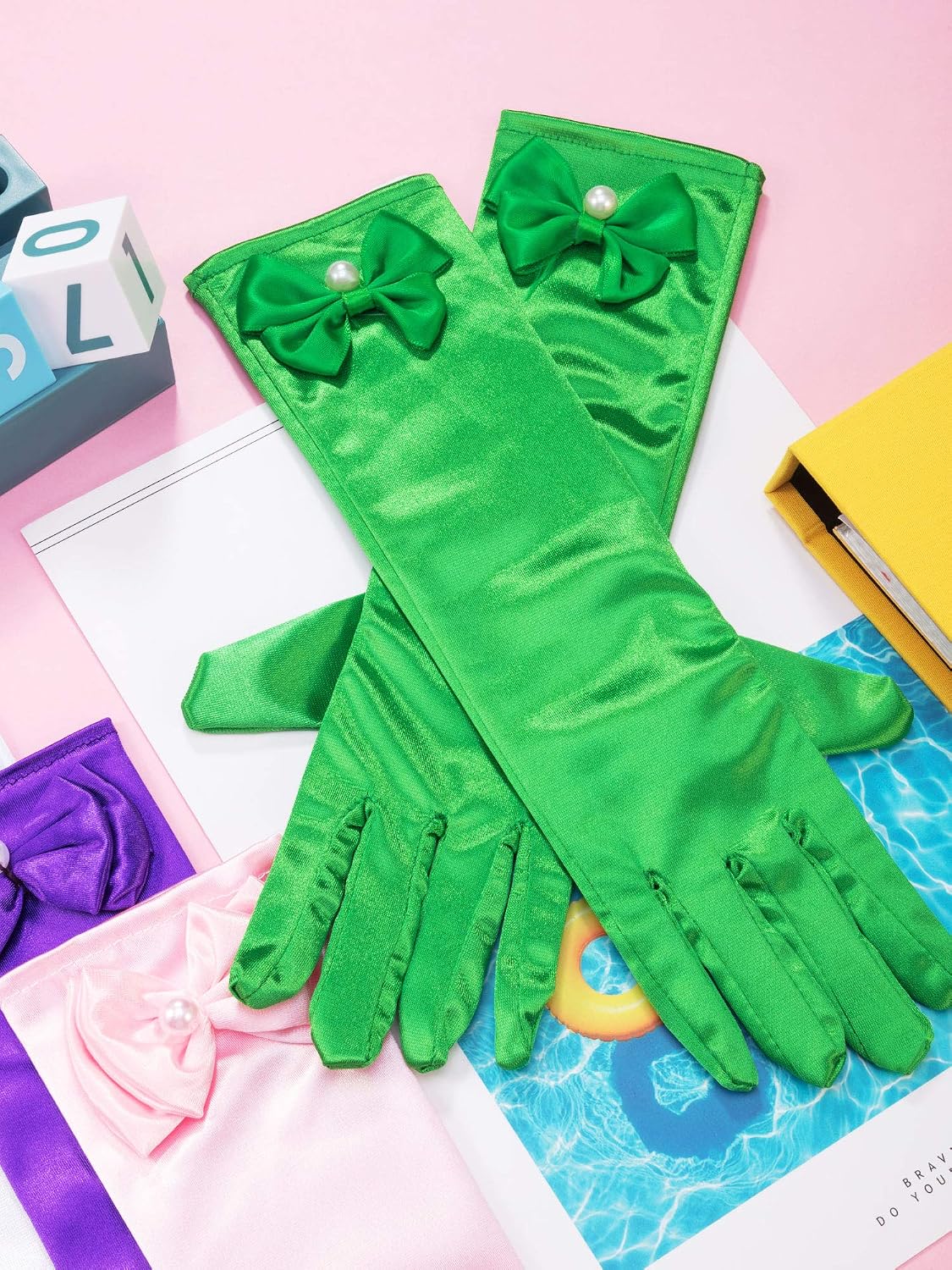 Zhanmai 9 Pairs Girls Satin Gloves Dress up Princess Bows Gloves Long Formal for 3-8 Years Girls Wedding Pageant 9 Colors