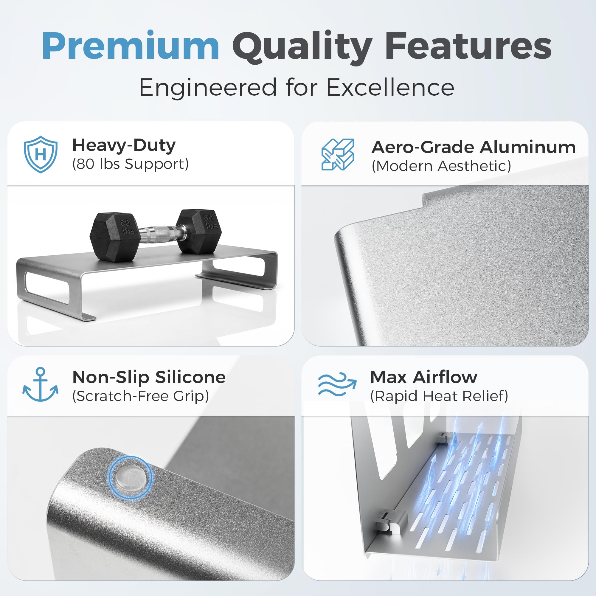 Elevate & Hide Soporte elevador de aluminio para escritorio, soporte plegable para computadora con almacenamiento de regleta de alimentación y gestión de cables, organizador de estante de escritorio