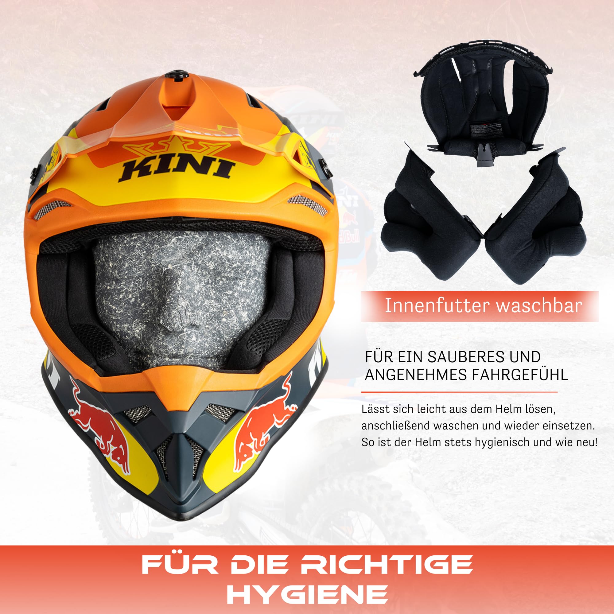 Kini Red Bull Motocross Helm Herren [Premium] Geprüfter Motorradhelm für Renneinsatz - Crosshelm als Enduro Helm Downhill Helm einsetzbar - Motocross Helm Brillenträger geeignet