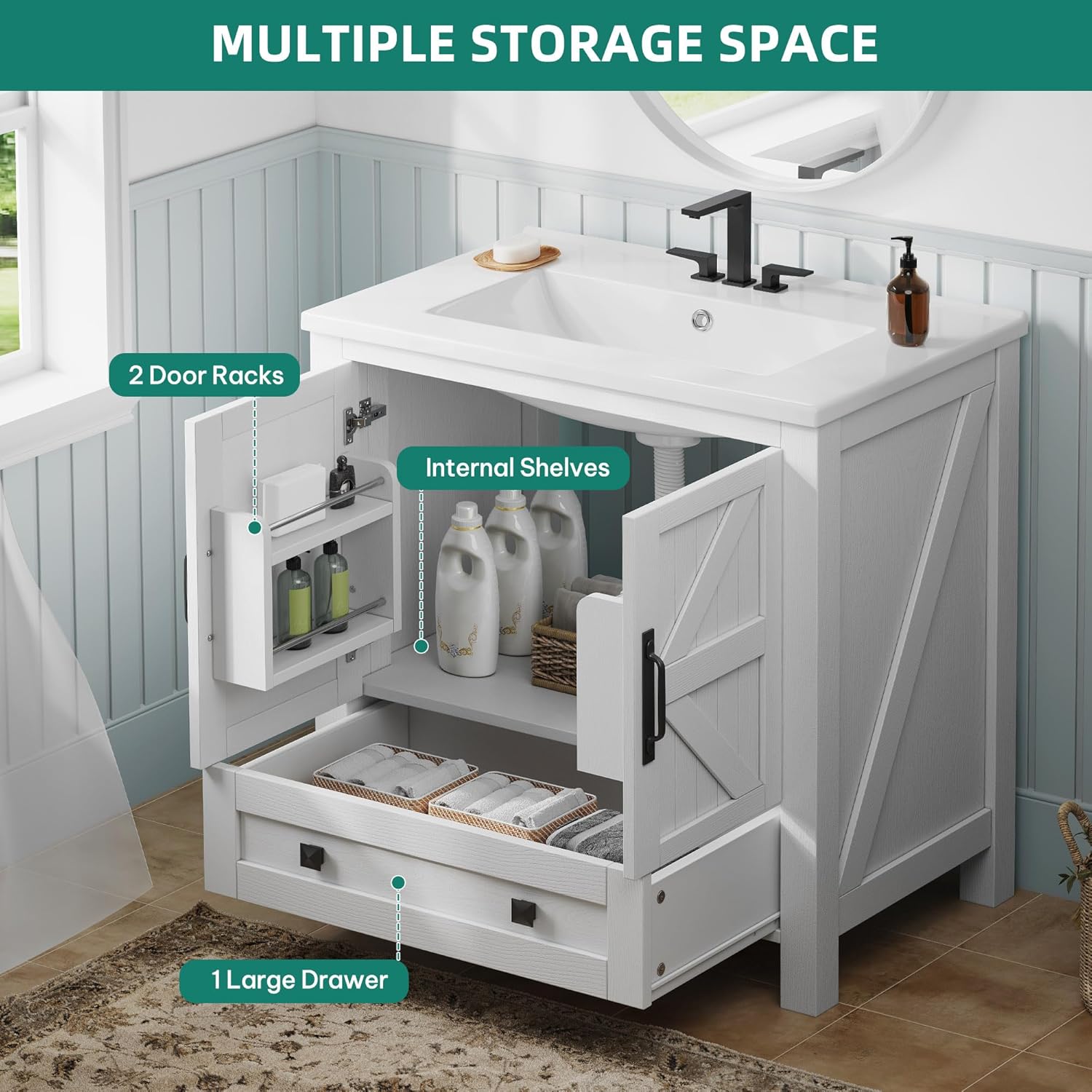 YITAHOME 30 Inch Farmhouse Bathroom Vanity with Sink, Small Space Bathroom Storage Cabinet with Large Drawer, 2 Wood Barn Doors with Built-in Door Racks