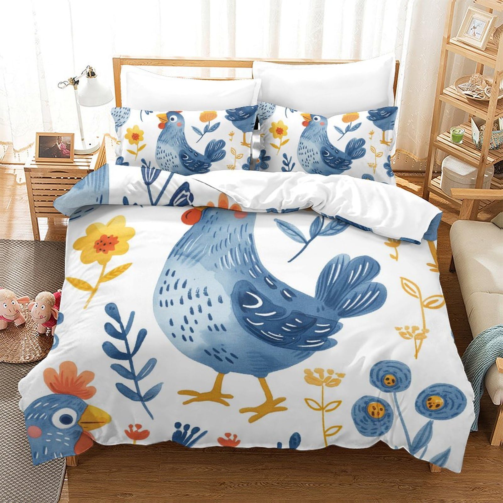 Housse de couette poussins 3D king size à fermeture éclair pour changer le lit sans effort