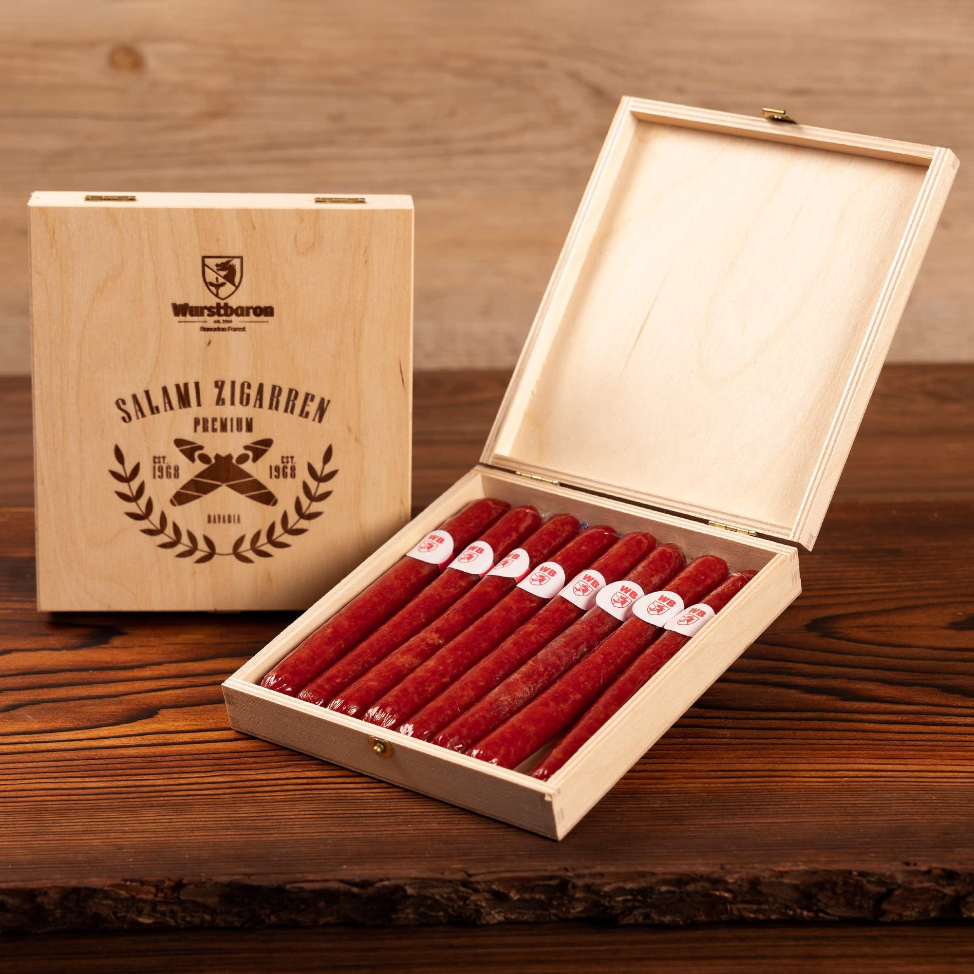 Wurststicks aus Salami in hochwertiger Holz-Geschenk-Box/Wurst Geschenk für Männer/Wurstsnack Geschenkidee in hochwertiger Qualität