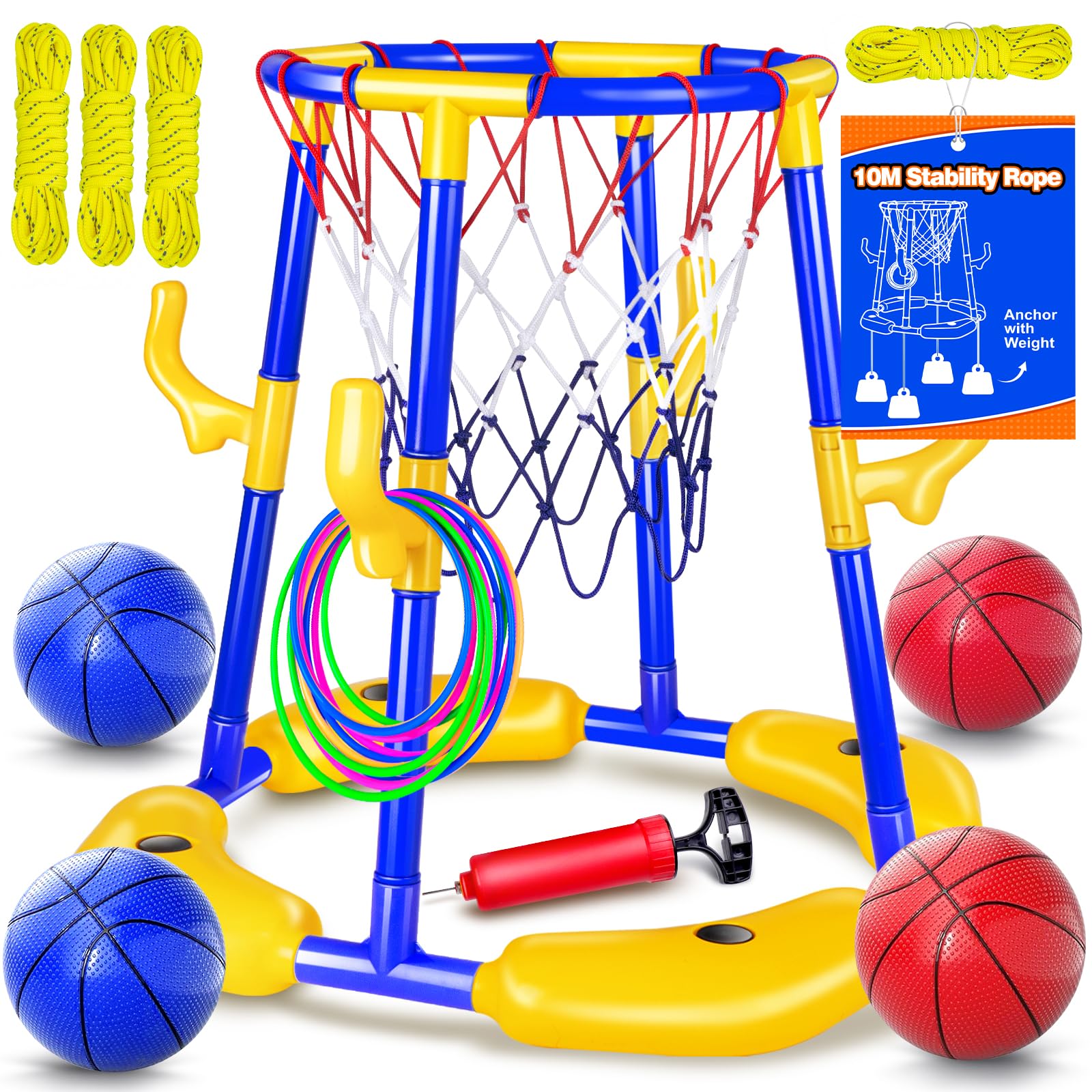 Swimming Pool Basketball Hoop Set_Floating Pool Basketball Hoop with 4 Water Balls, Pump and Hoops, 2-in-1 Pool Toy for Adults, Teens/Kids, Toy