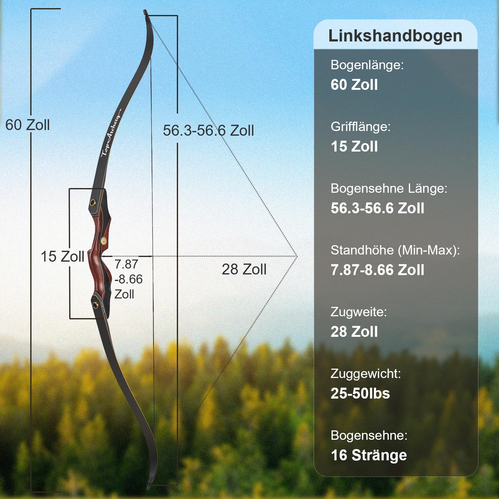 60 Zoll Takedown Recurvebogen für Erwachsene Jagdbogen Bogenschießen Erwachsene Holzbogengriff (25-50 lbs, Links-/Rechtshand) Ideal für Jagd, 3D-Parcours & Zielschießen