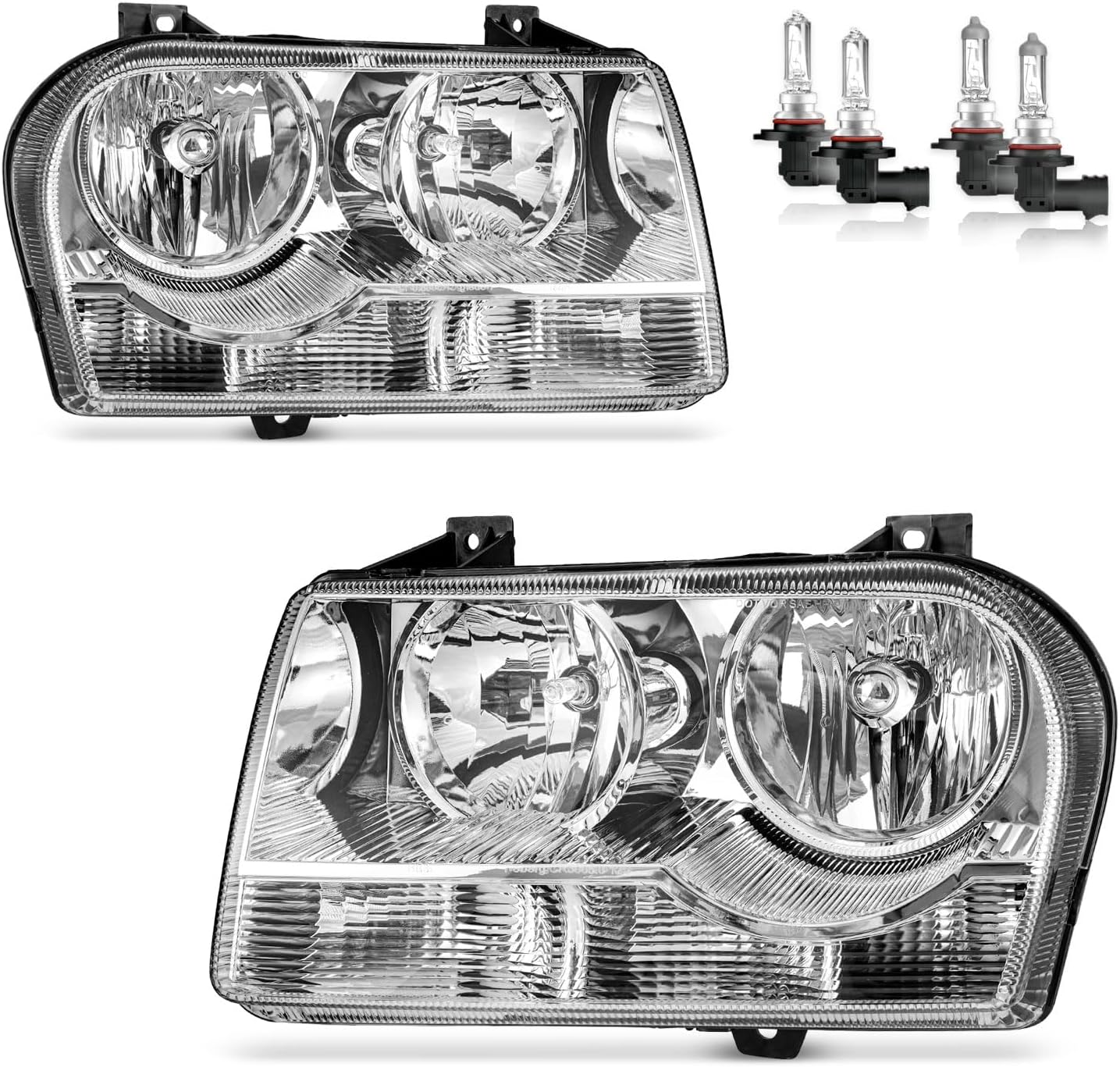 Headlights Assembly for 2005-2010 Chrysler 300 Trims Only 4-Dr Halogen Headlamp Replacement, High/Low Beam with Bulbs, Driver & Passenger Side