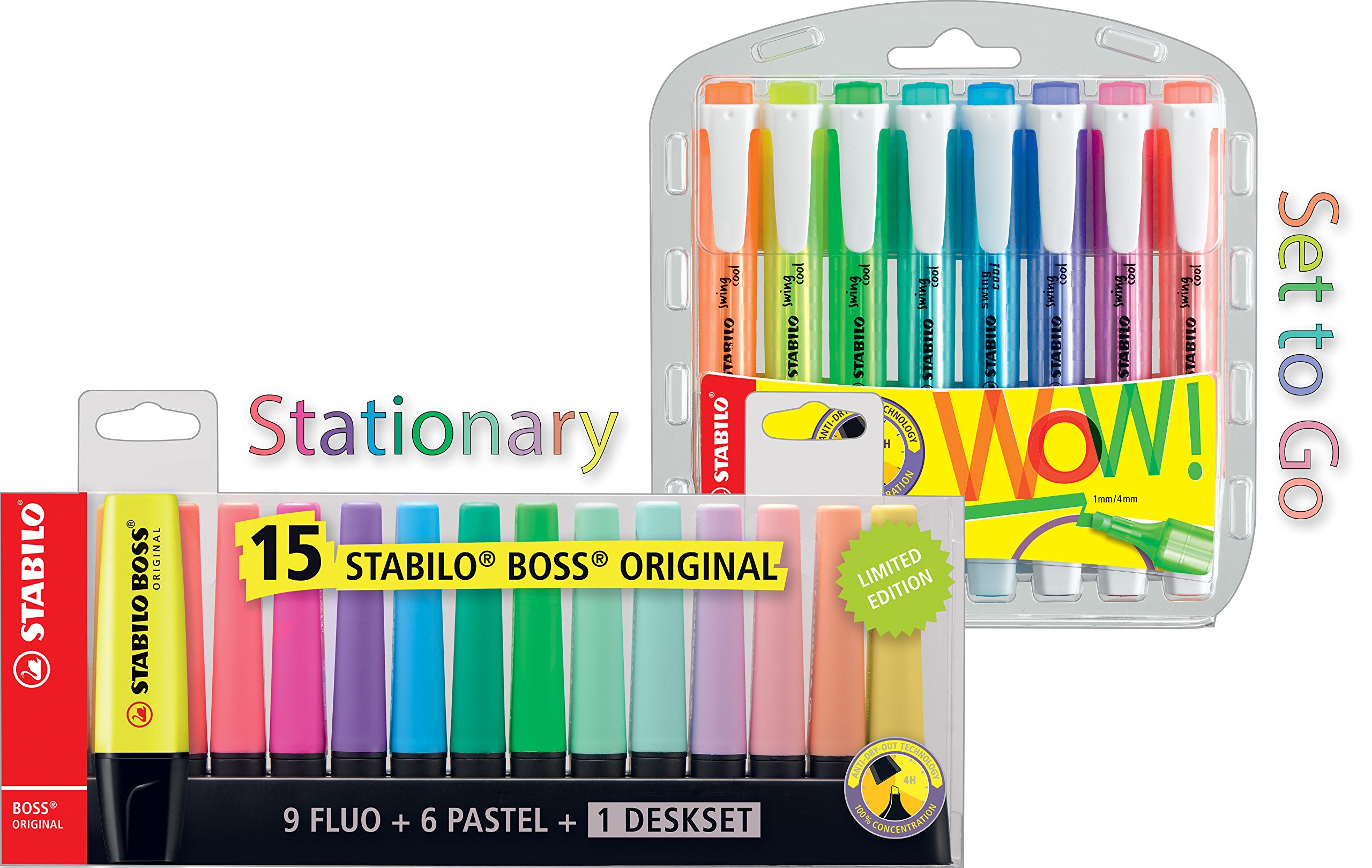 Stabilo Boss Original zakreślacze tekstowe, zestaw 15 sztuk, 9 kolorów, 6 pastelowych kolorów + markery Swing cool etui na 8 sztuk