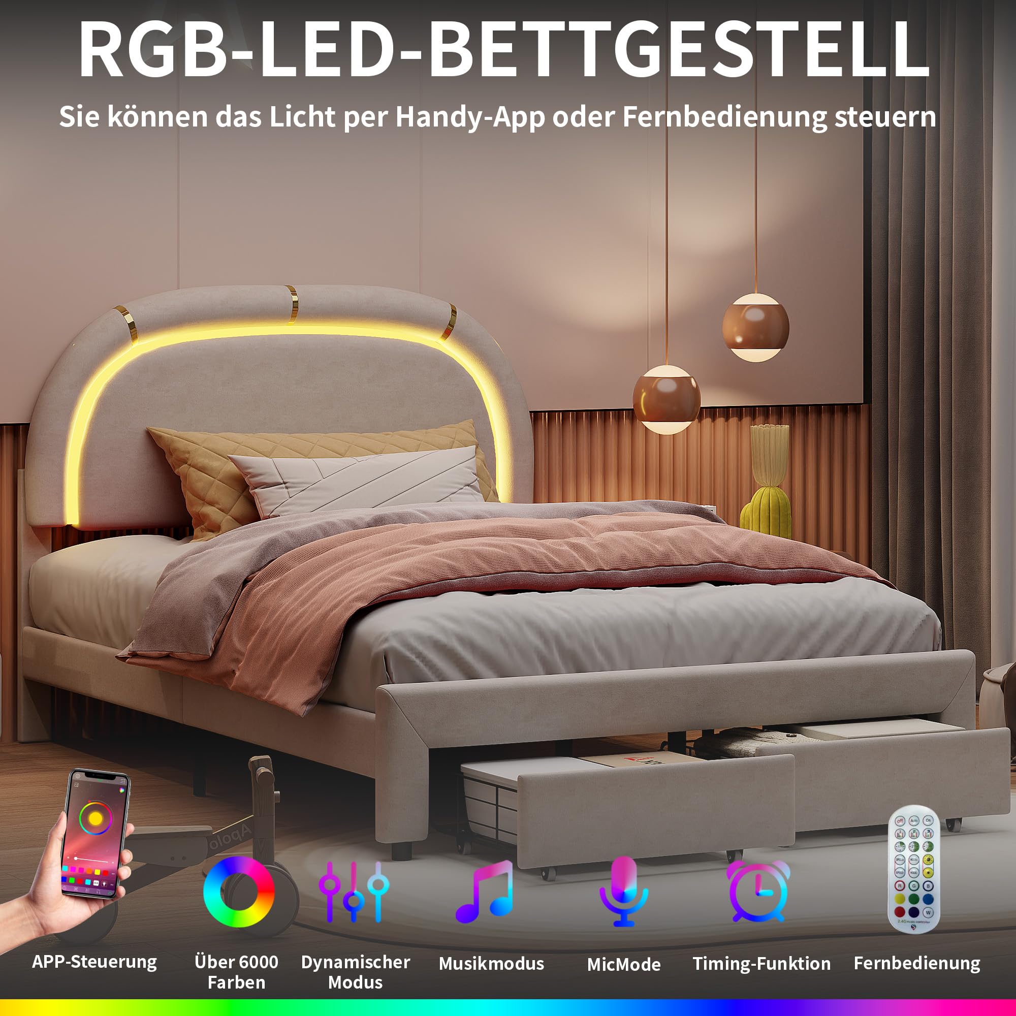 BPKADHY Gestoffeerd eenpersoonsbed, 140 x 200 cm, kinderbed meisjesbed met led, in hoogte verstelbaar hoofdeinde in bloemenvorm, 2 laden, tweepersoonsbed tienerbed bedframe met lattenbodem, fluweel