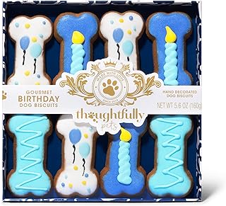 Thoughtfully Pets, Blue Dog Birthday Cookie Gift Set, Hand Decorated Crunchy Dog Treats in Bone Shapes, Great for Birthdays, Set of 8