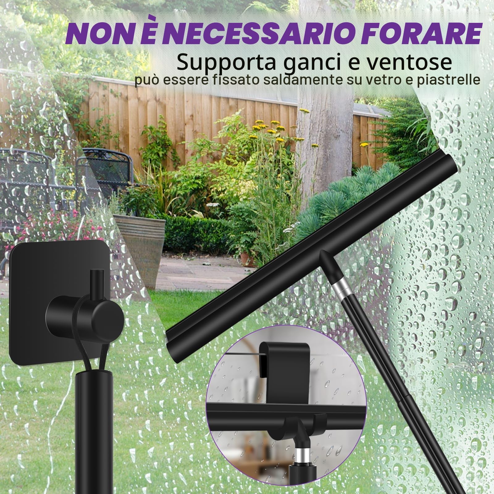 Tergivetro per Doccia, Pulisci Vetri Porte e Finestre Estensibile fino a 120 cm, Tira Acqua da Doccia con Gancio, Tergivetro Doccia Silicone con Anima per Finestre del Bagno