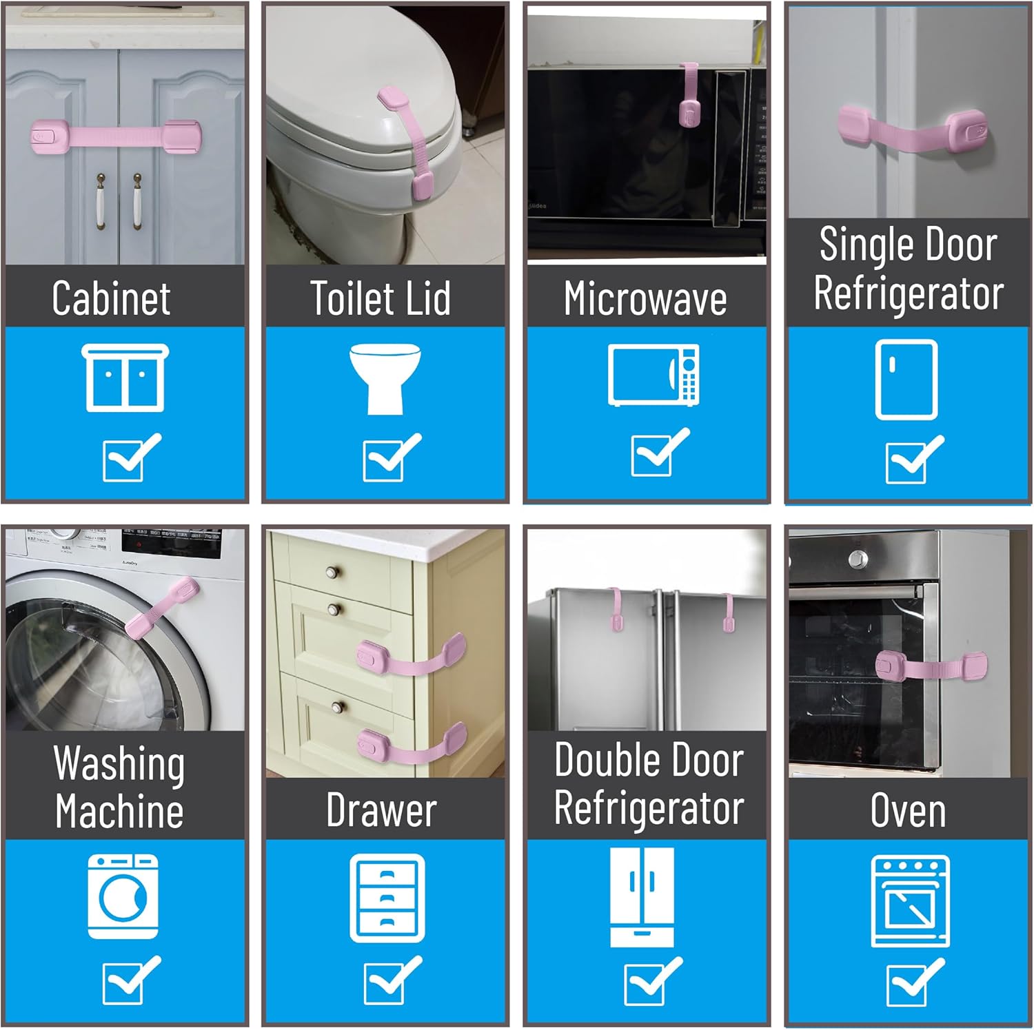 Bates- Child Safety Strap Locks, 12 Pack, Baby Pink, Child Locks for Cabinets and Drawers