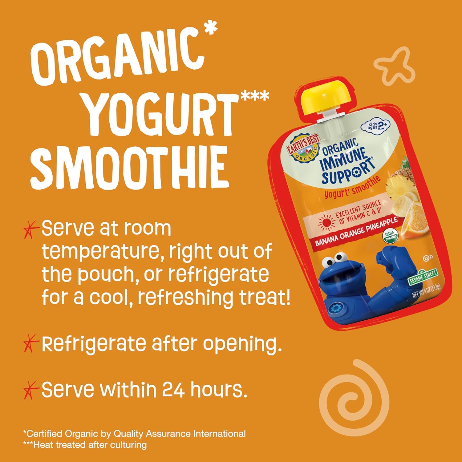 Earth's Best Organic Yogurt Smoothie Pouches, 24+ Months, Immune Support Fruit Yogurt Smoothie for Toddlers 24 Months and Up, Banana Orange Pineapple, 4 Ounce Resealable Pouch (Pack of 12)