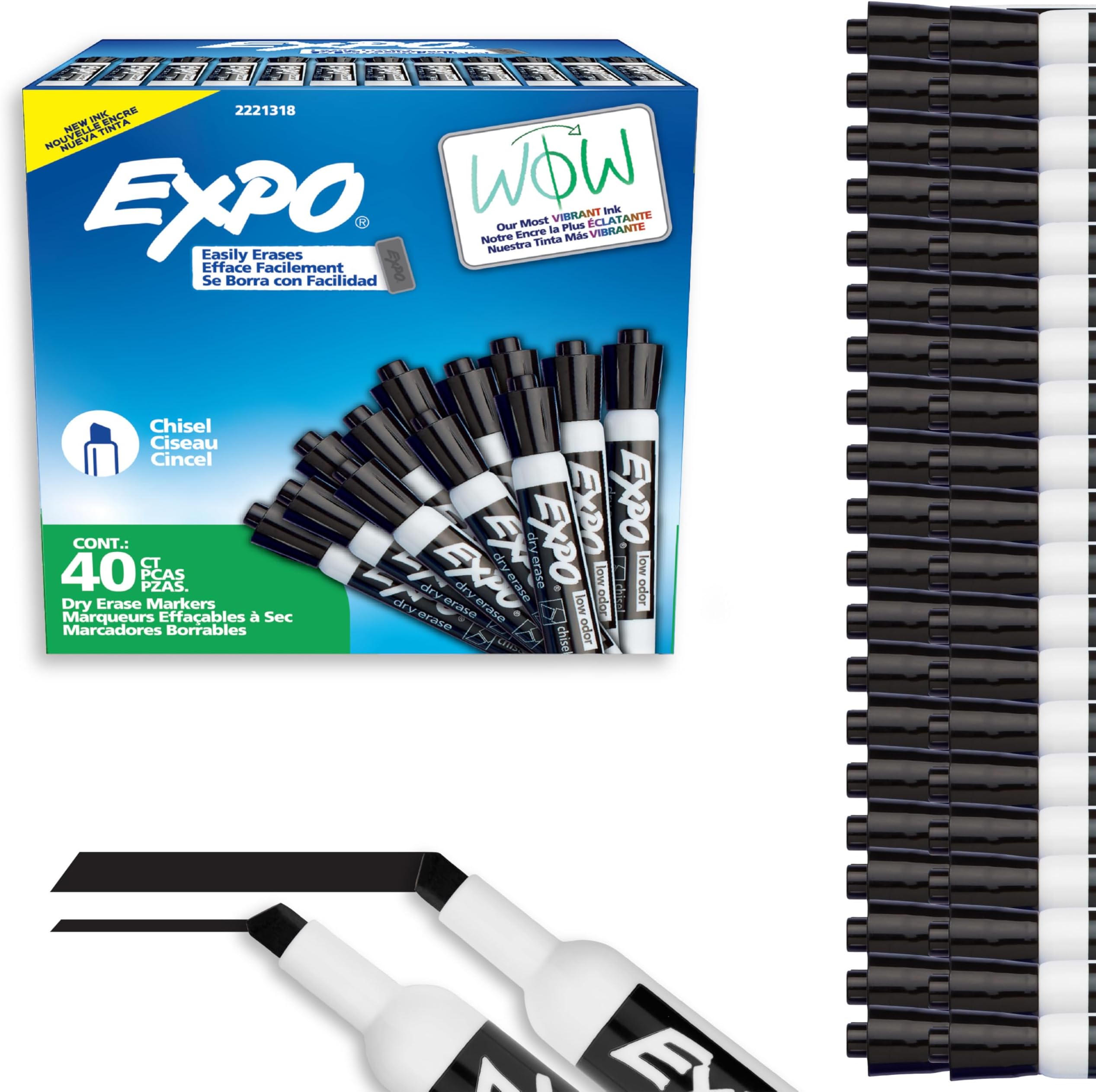 Dry Erase Markers, Low Odor Ink, Black, Chisel Tip, 40 Count