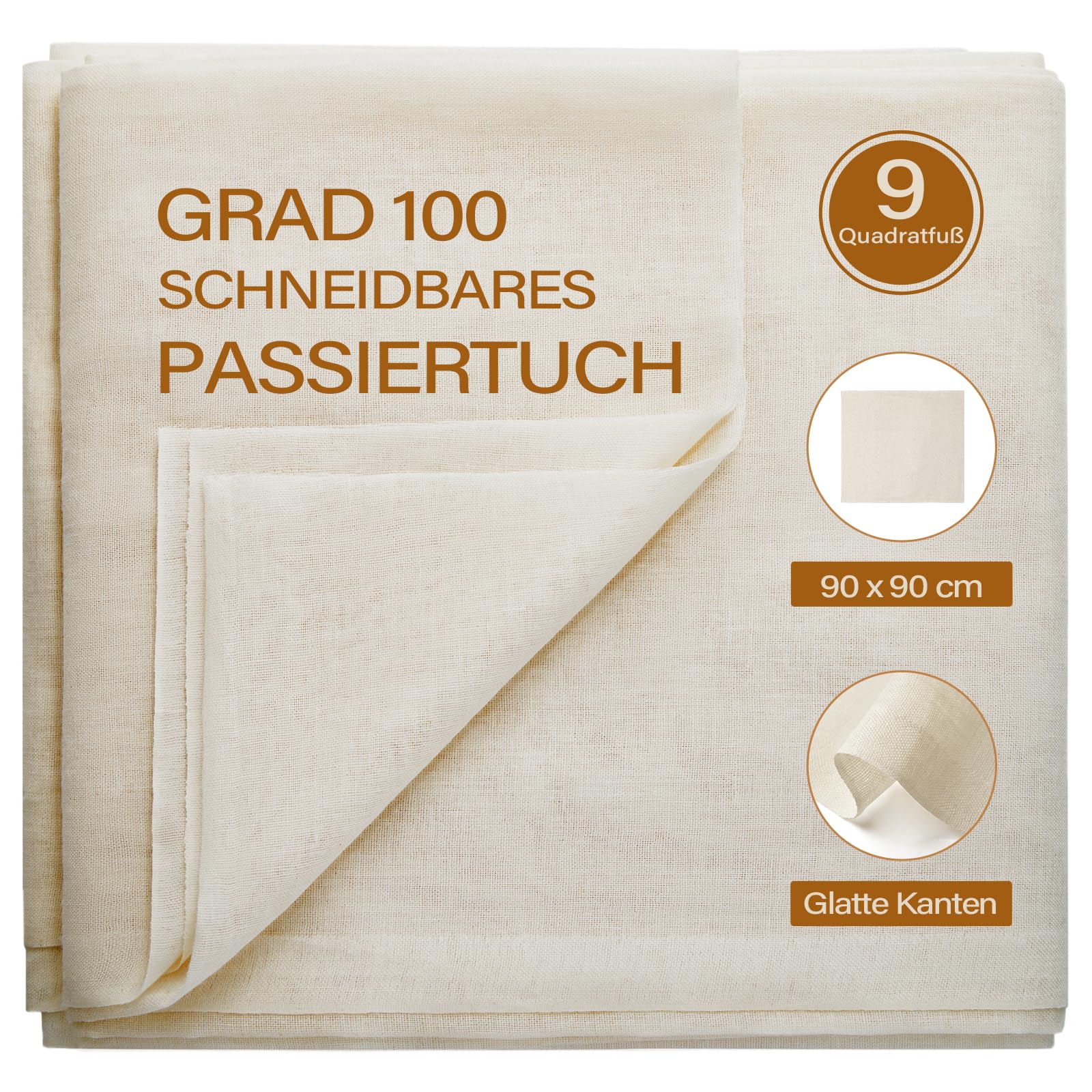 eFond Passiertuch, 90x90cm Käsetuch Feingewebt Dichtegrad 100 Passiersieb Ungebleichte Reine Baumwolle Seihtuch, Flusenfrei Und Ultrafeinmaschig Filtertuch, Nach Bedarf Schneidbar (9 Quadratfuß)
