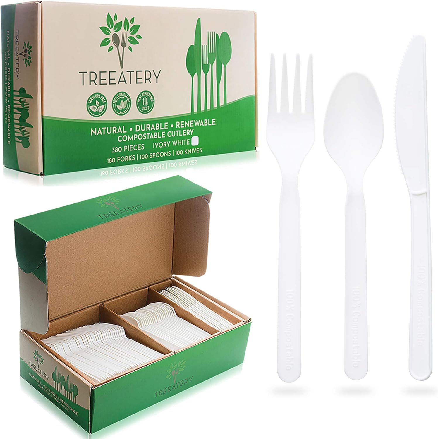 Treeatery Compostable Cutlery Set 380 Pack [180 Forks, 100 Spoons, 100 Knives] Plant A Tree