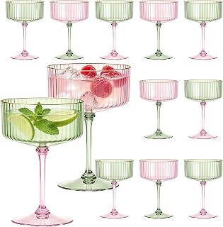 Pink and green ribbed plastic martini glasses with gold rims
