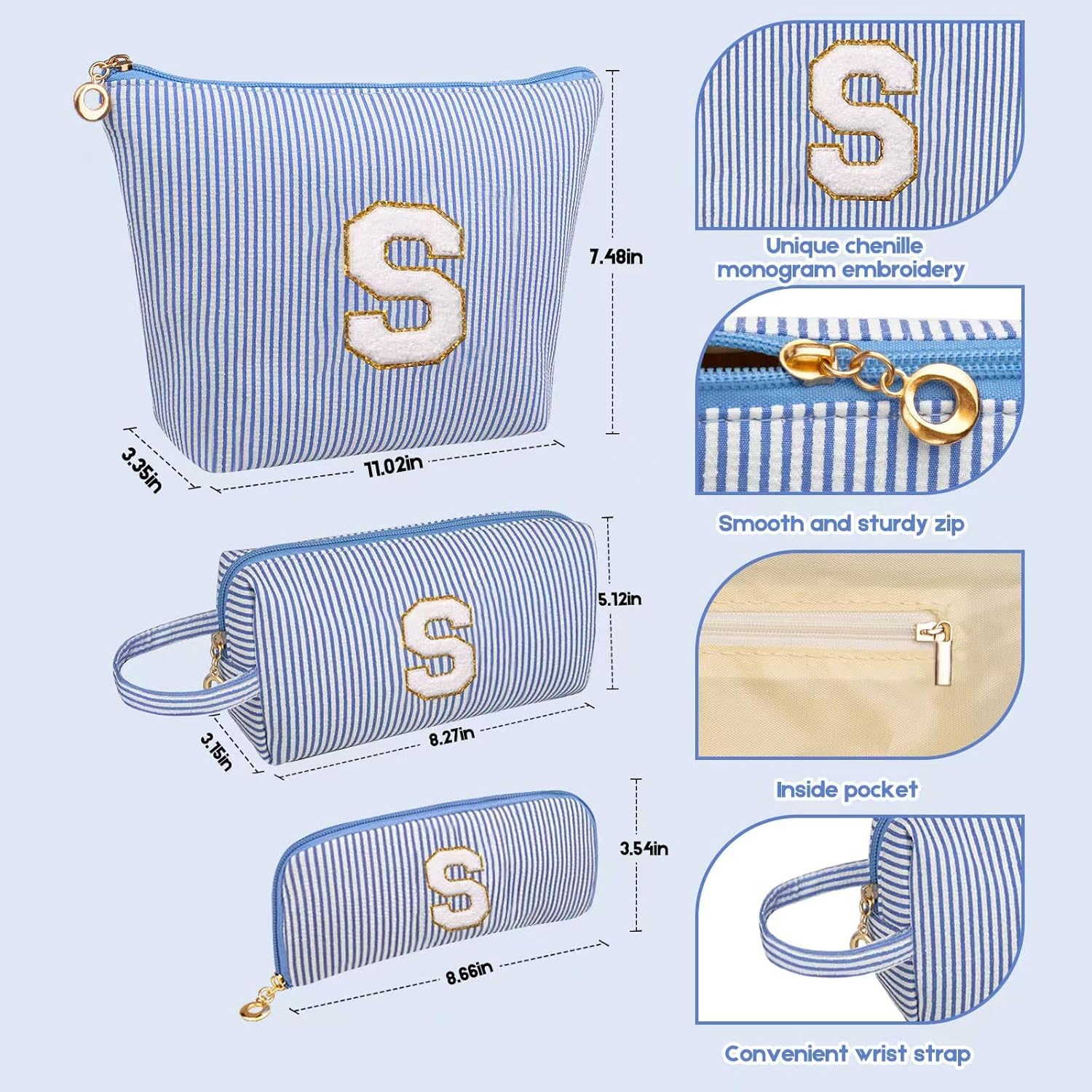 Initials Makeup Bag Set, Personalized Blue Cosmetic Bag, Cute Large Make up Bags, Travel Toiletry Bag for Women Girl Gifts S (Blue) - Image 2