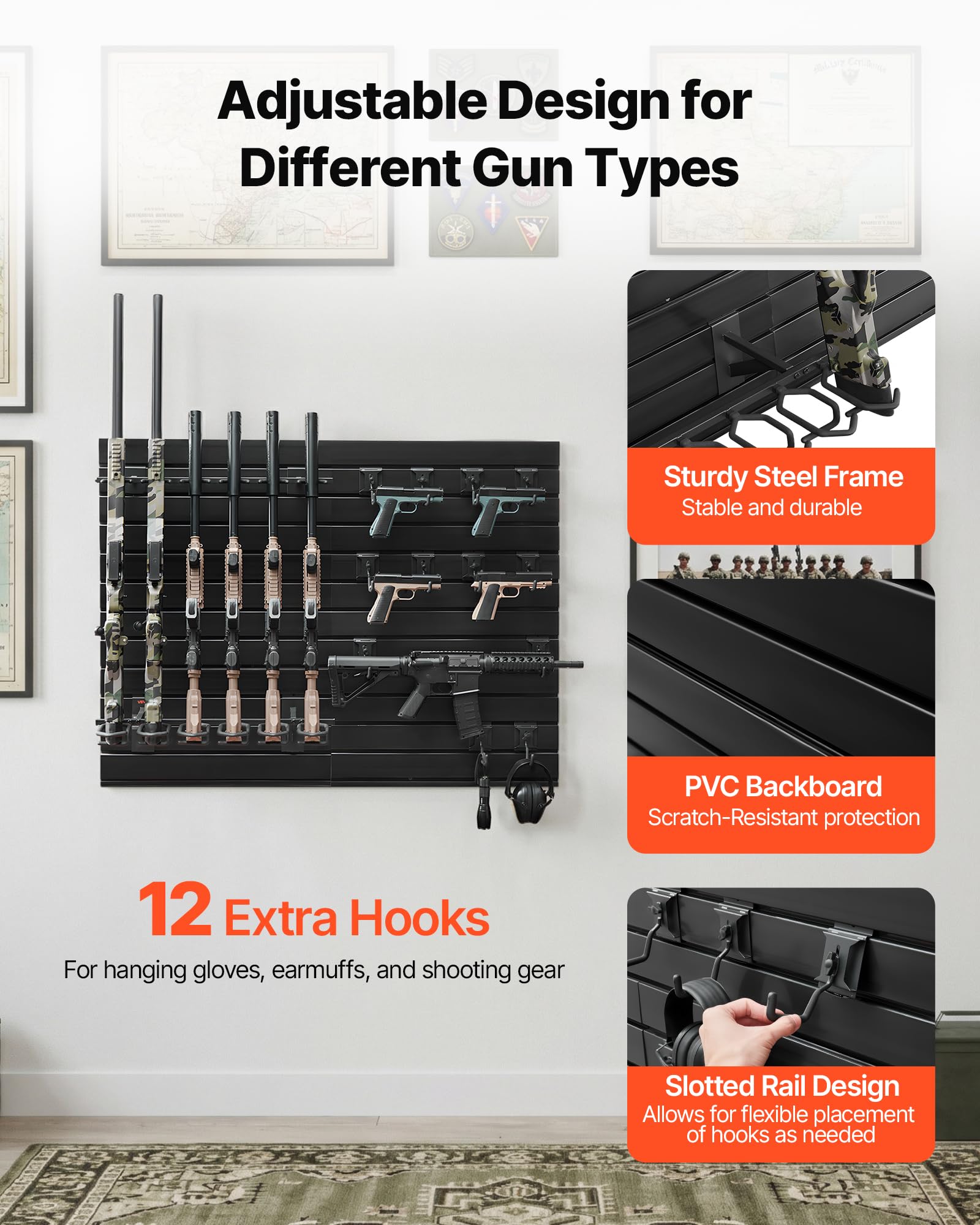 VEVOR Estante de Pared para Armas de Fuego, Capacidad de 6 Escopetas y 6 Pistolas, Soporte de Montaje en Pared, con Ganchos Adicionales, Acero al Carbono, Organizador de Accesorios para Taller Garaja
