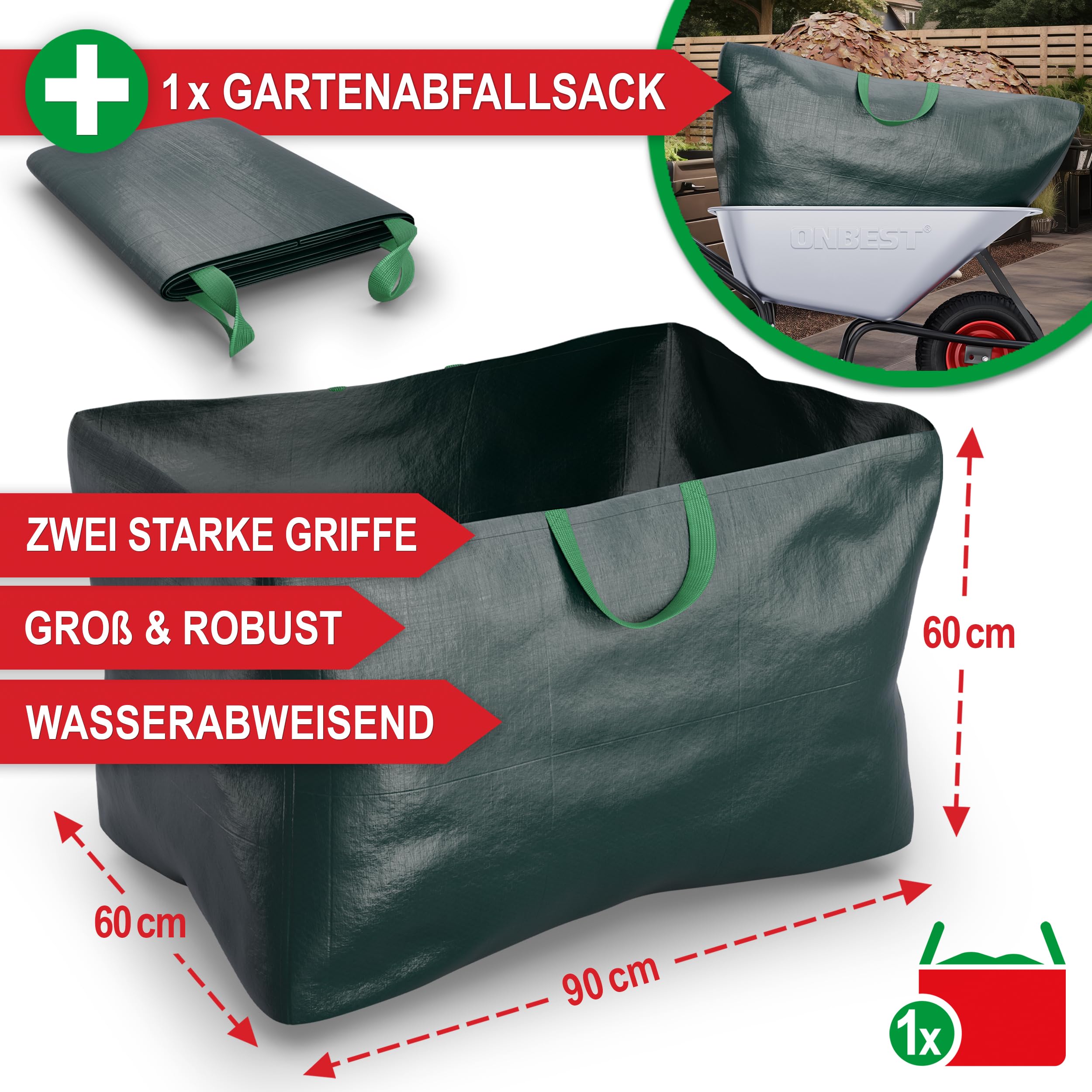 ONBEST Schubkarre mit 100 Liter vollverzinkt Silber – 250 kg Tragkraft – Luftreifen auf Stahlfelge – pulverbeschichteter Stahlrahmen schwarz – Bauschubkarre Gartenkarre – Plus Gartenabfallsack groß