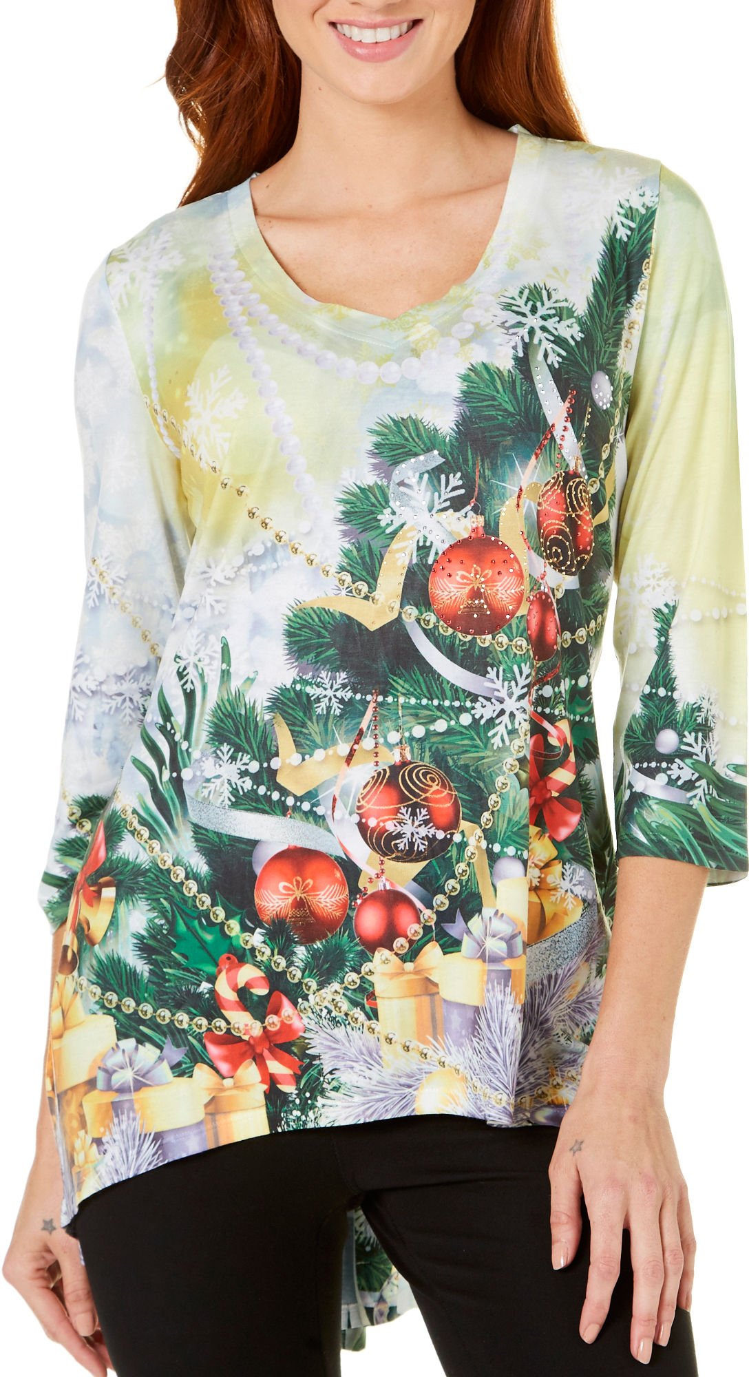 OneWorld Women's Plus Size 3/4 Sleeve Holiday V-Neck Tee with Pleat Back