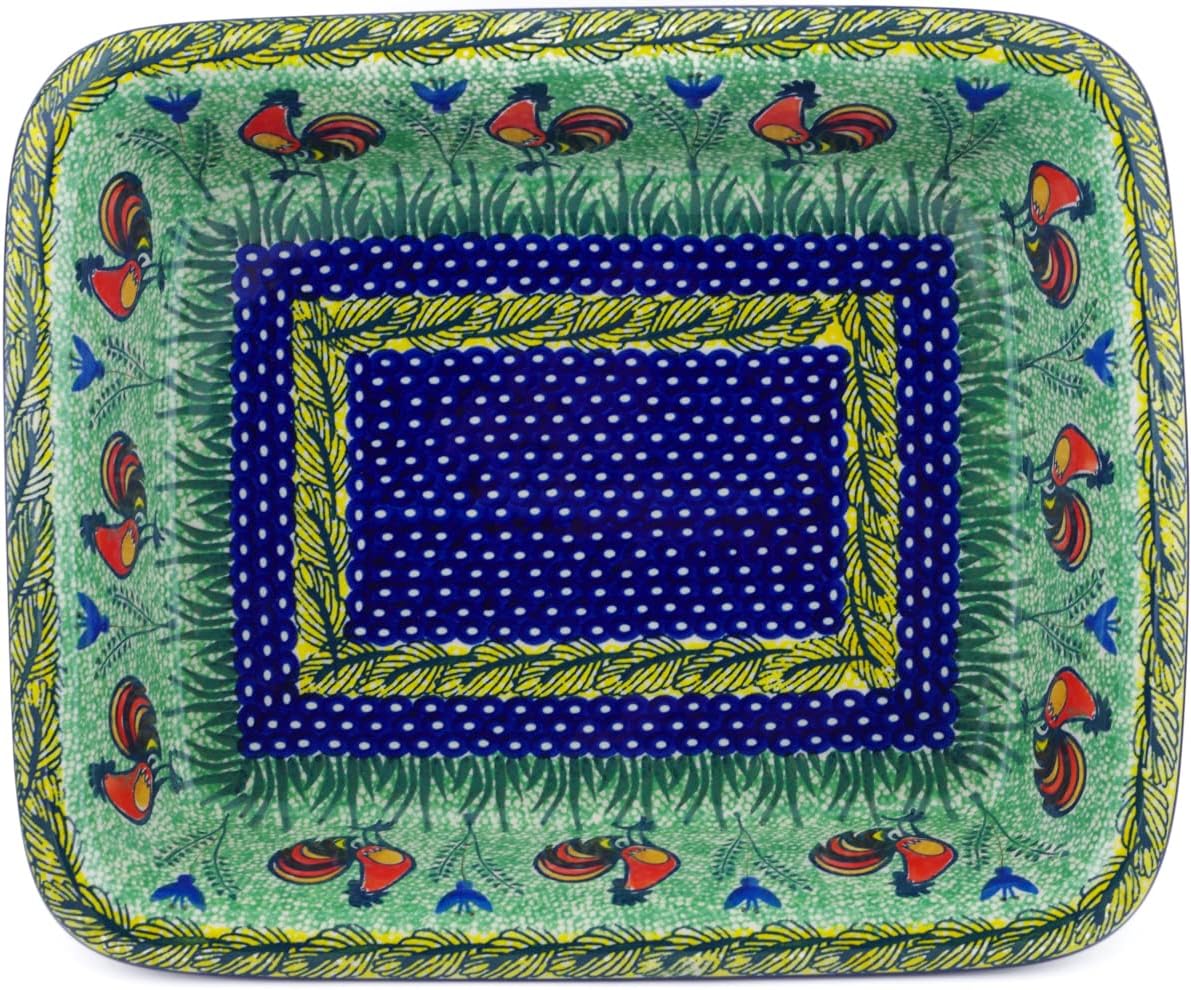 Polmedia Polish Pottery Rectangular Baker UNIKAT - Rooster Parade Pattern Handmade in Boleslawiec Poland by Ceramika Artystyczna + Certificate of Authenticity